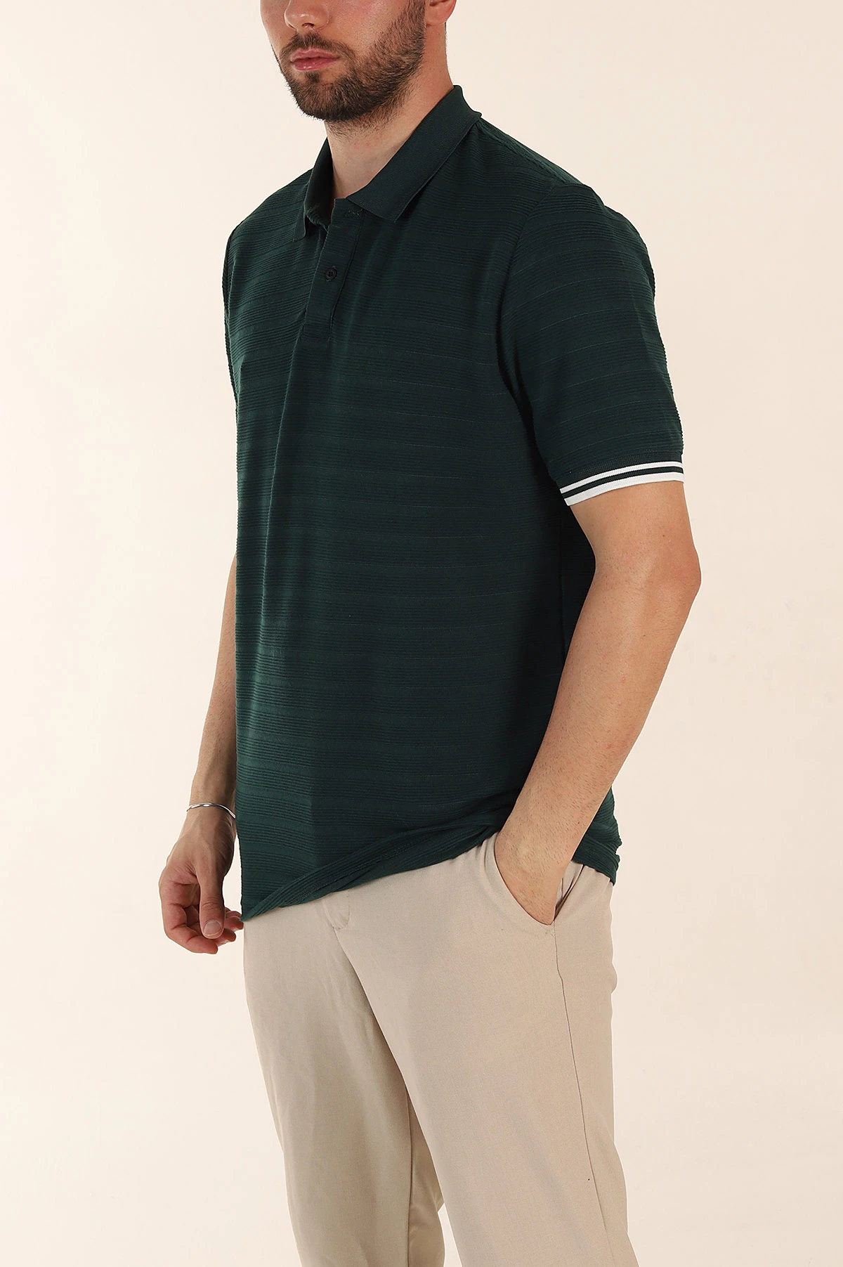 Zümrüt Yeşili Regular Fit Çizgi Dokulu Fermuarlı Polo Yaka Erkek Triko Tişört 370062