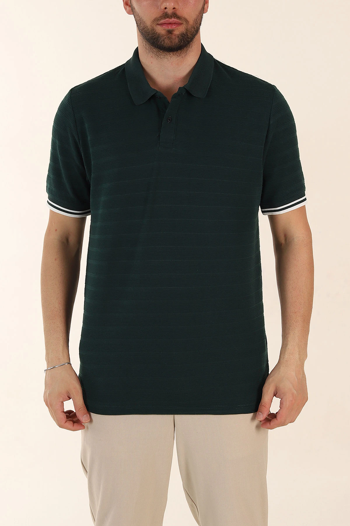 Zümrüt Yeşili Regular Fit Çizgi Dokulu Fermuarlı Polo Yaka Erkek Triko Tişört 370062