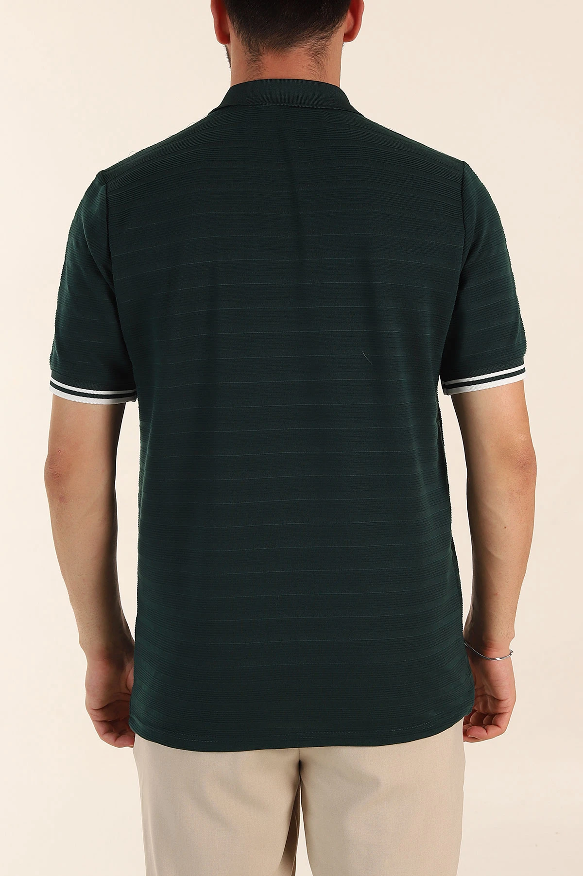 Zümrüt Yeşili Regular Fit Çizgi Dokulu Fermuarlı Polo Yaka Erkek Triko Tişört 370062
