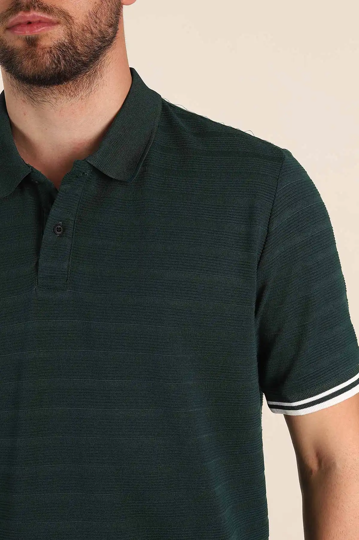 Zümrüt Yeşili Regular Fit Çizgi Dokulu Fermuarlı Polo Yaka Erkek Triko Tişört 370062