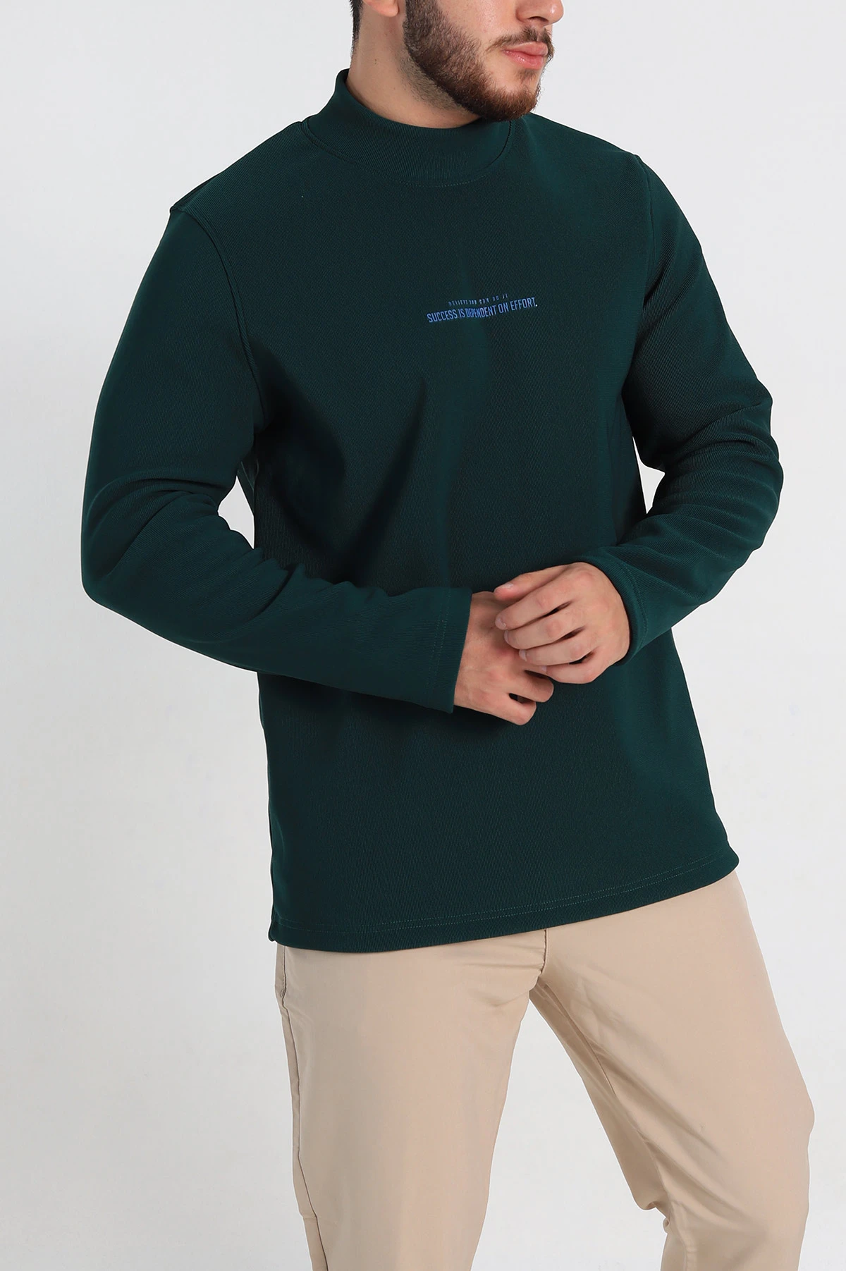 Zümrüt Yeşili Regular Fit Dik Yaka Kabartma Yazılı Erkek Sweatshirt 305763