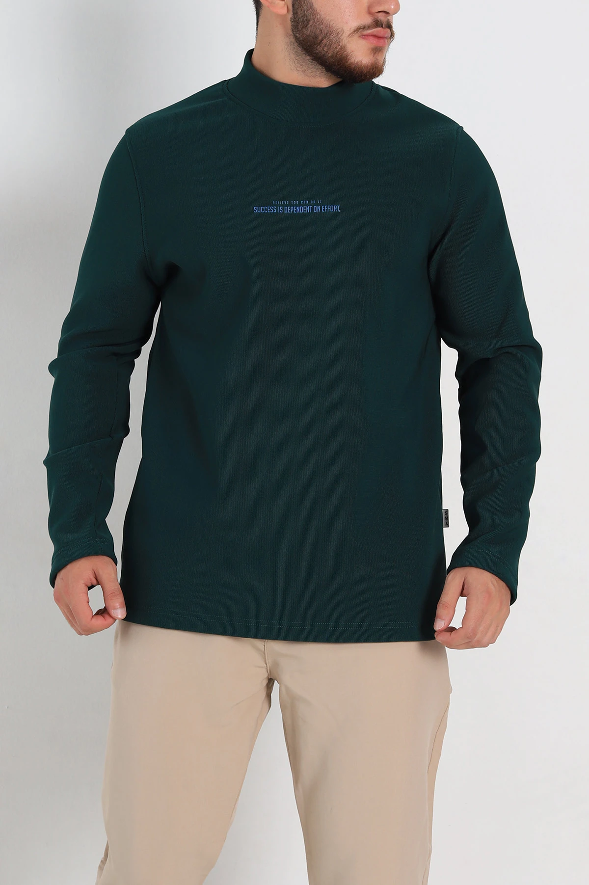 Zümrüt Yeşili Regular Fit Dik Yaka Kabartma Yazılı Erkek Sweatshirt 305763