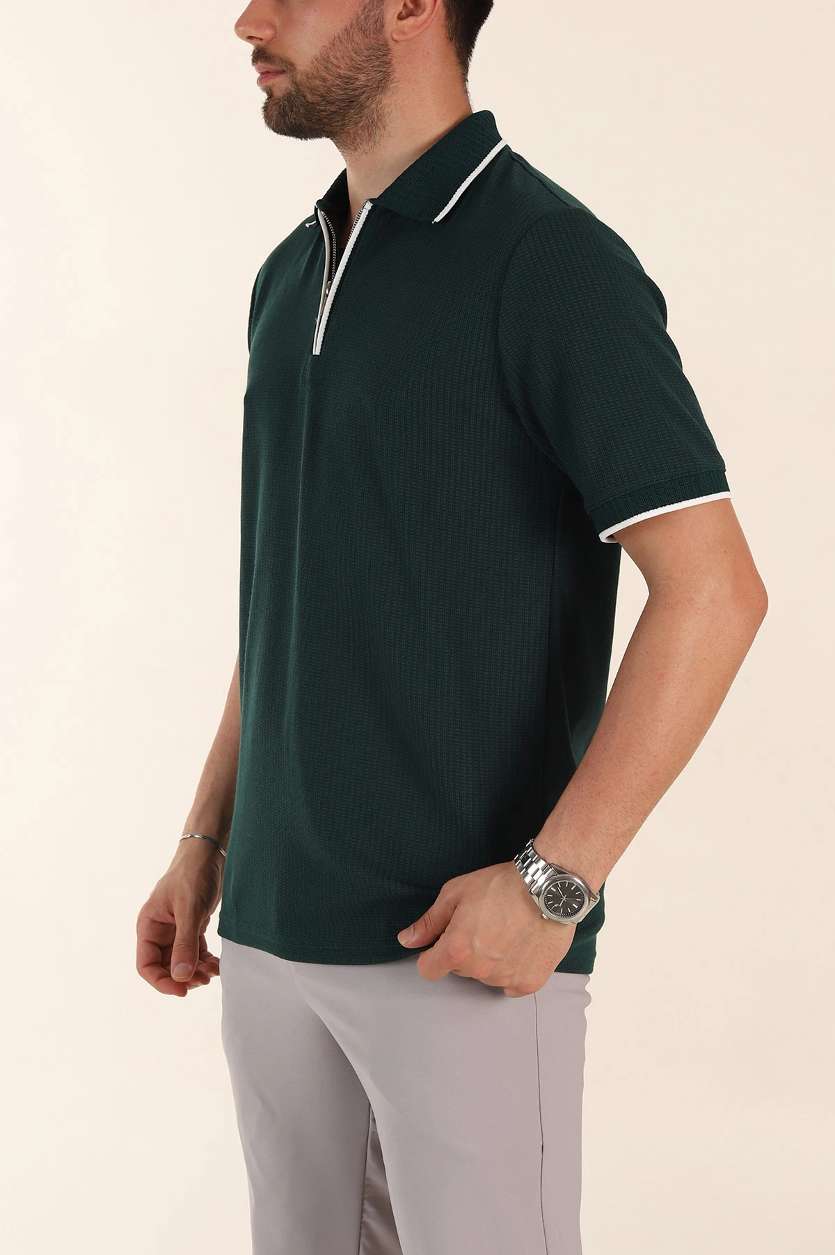 Zümrüt Yeşili Regular Fit Dokulu Polo Yaka Erkek Triko Tişört 369368