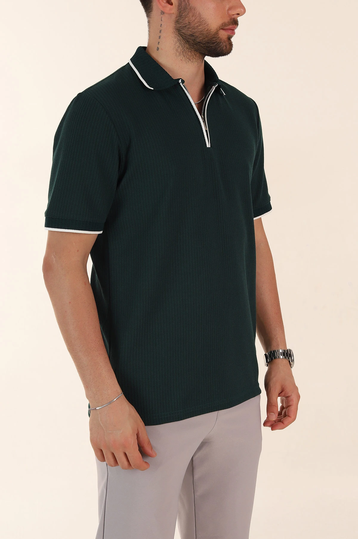 Zümrüt Yeşili Regular Fit Dokulu Polo Yaka Erkek Triko Tişört 369368