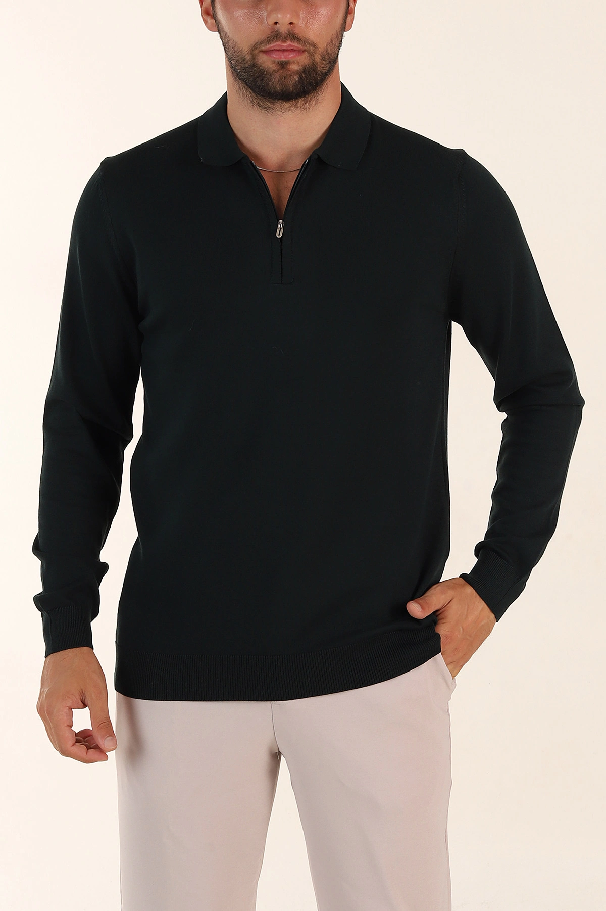 Zümrüt Yeşili Regular Fit Fermuarlı Polo Yaka Uzun Kollu Triko 393299