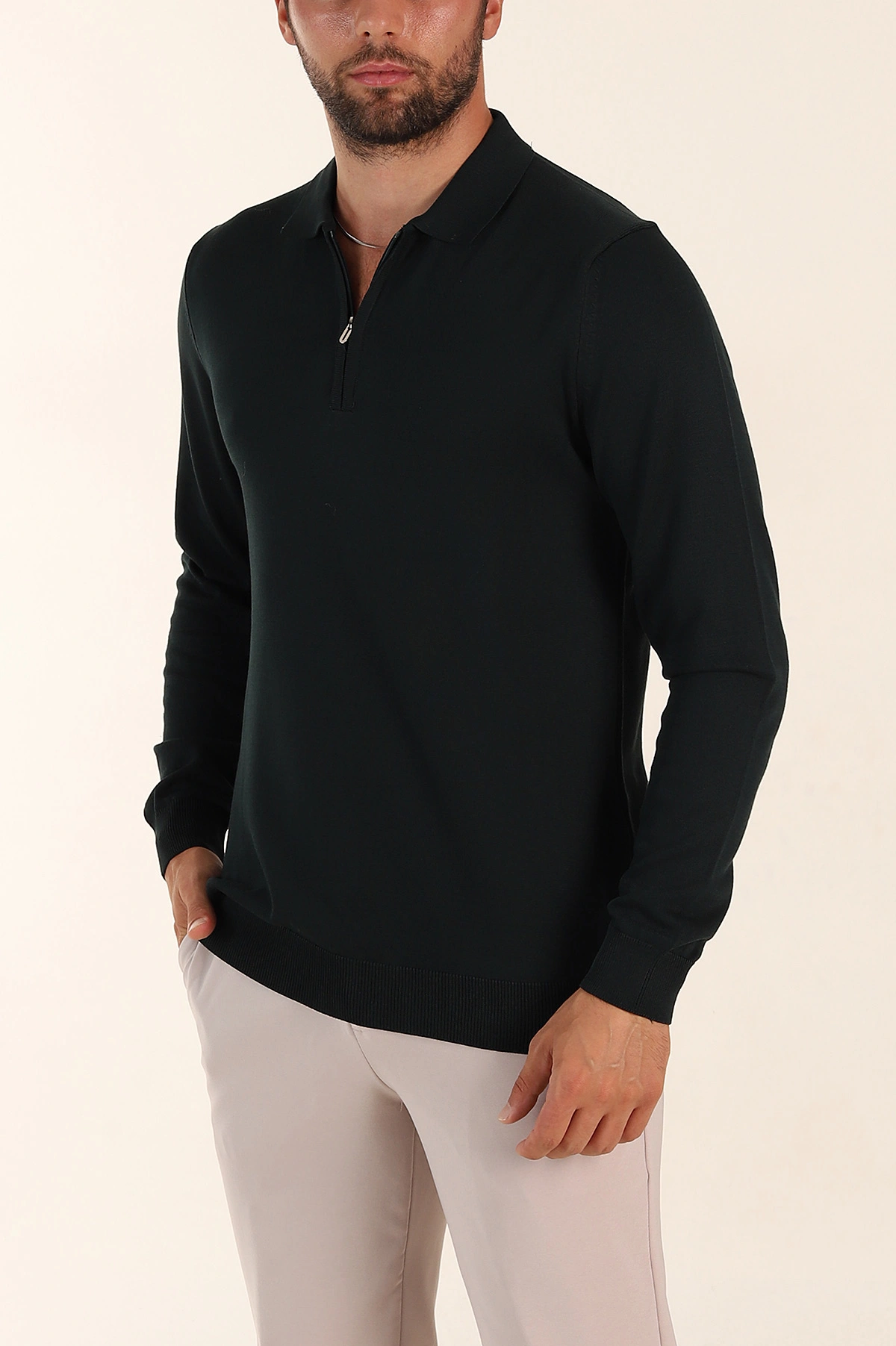 Zümrüt Yeşili Regular Fit Fermuarlı Polo Yaka Uzun Kollu Triko 393299
