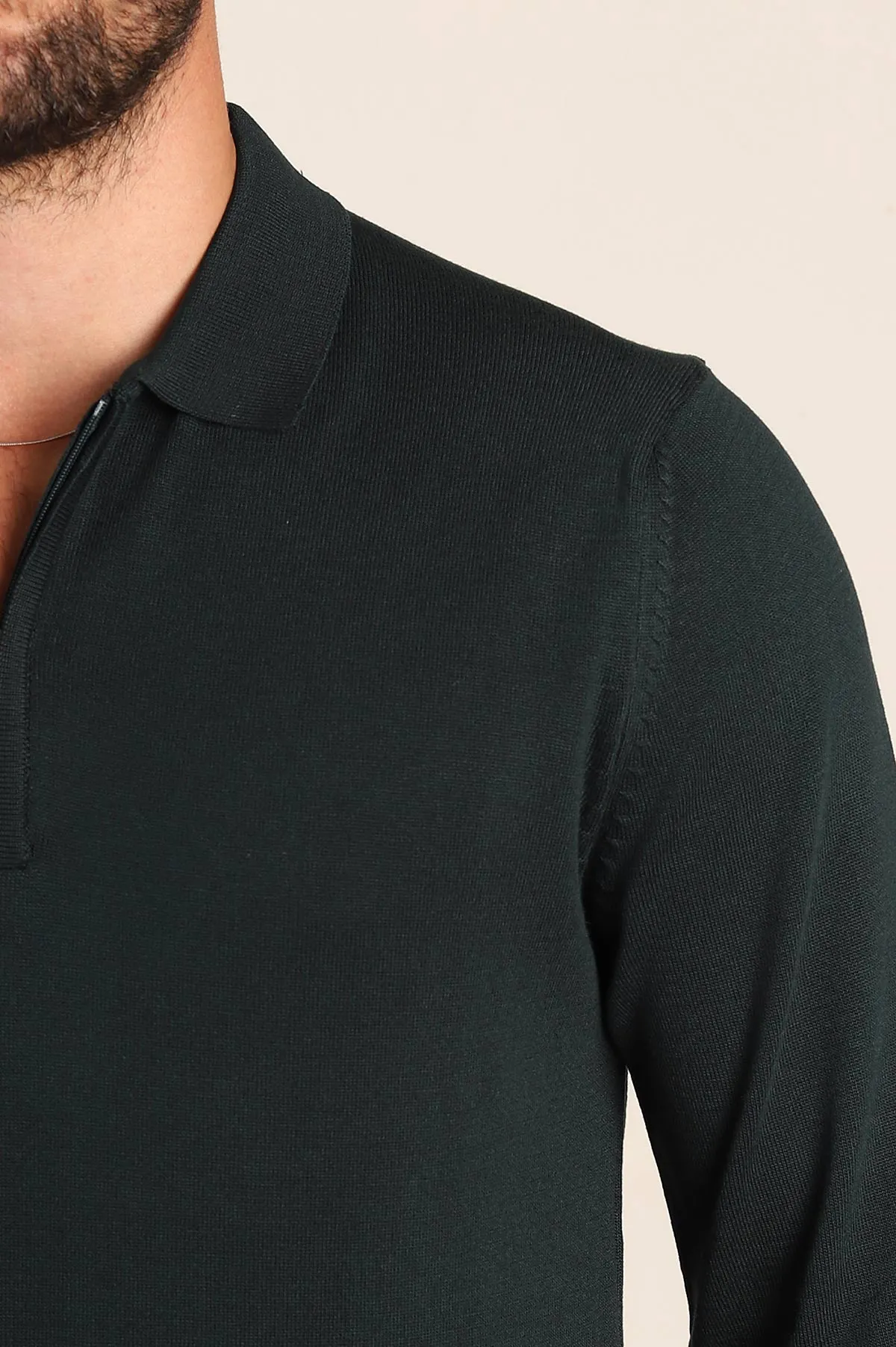 Zümrüt Yeşili Regular Fit Fermuarlı Polo Yaka Uzun Kollu Triko 393299