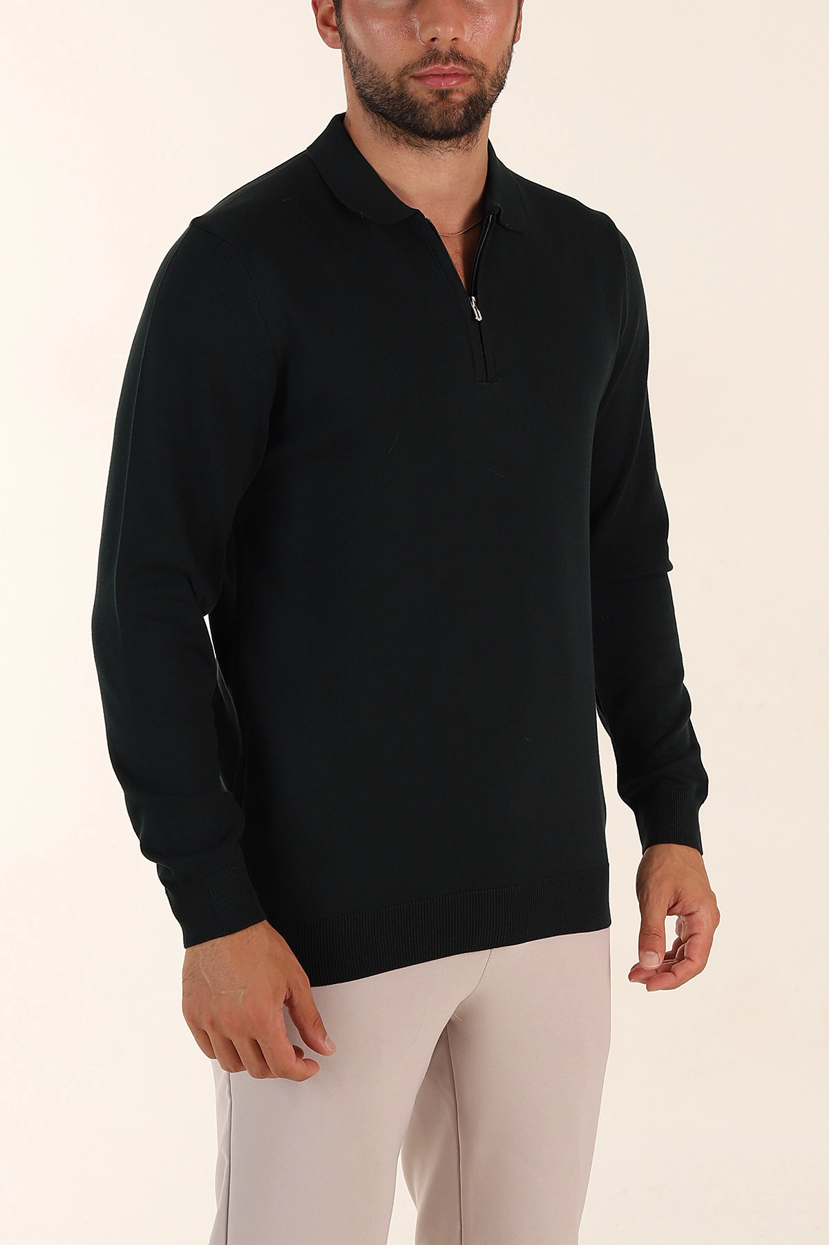 Zümrüt Yeşili Regular Fit Fermuarlı Polo Yaka Uzun Kollu Triko 393299