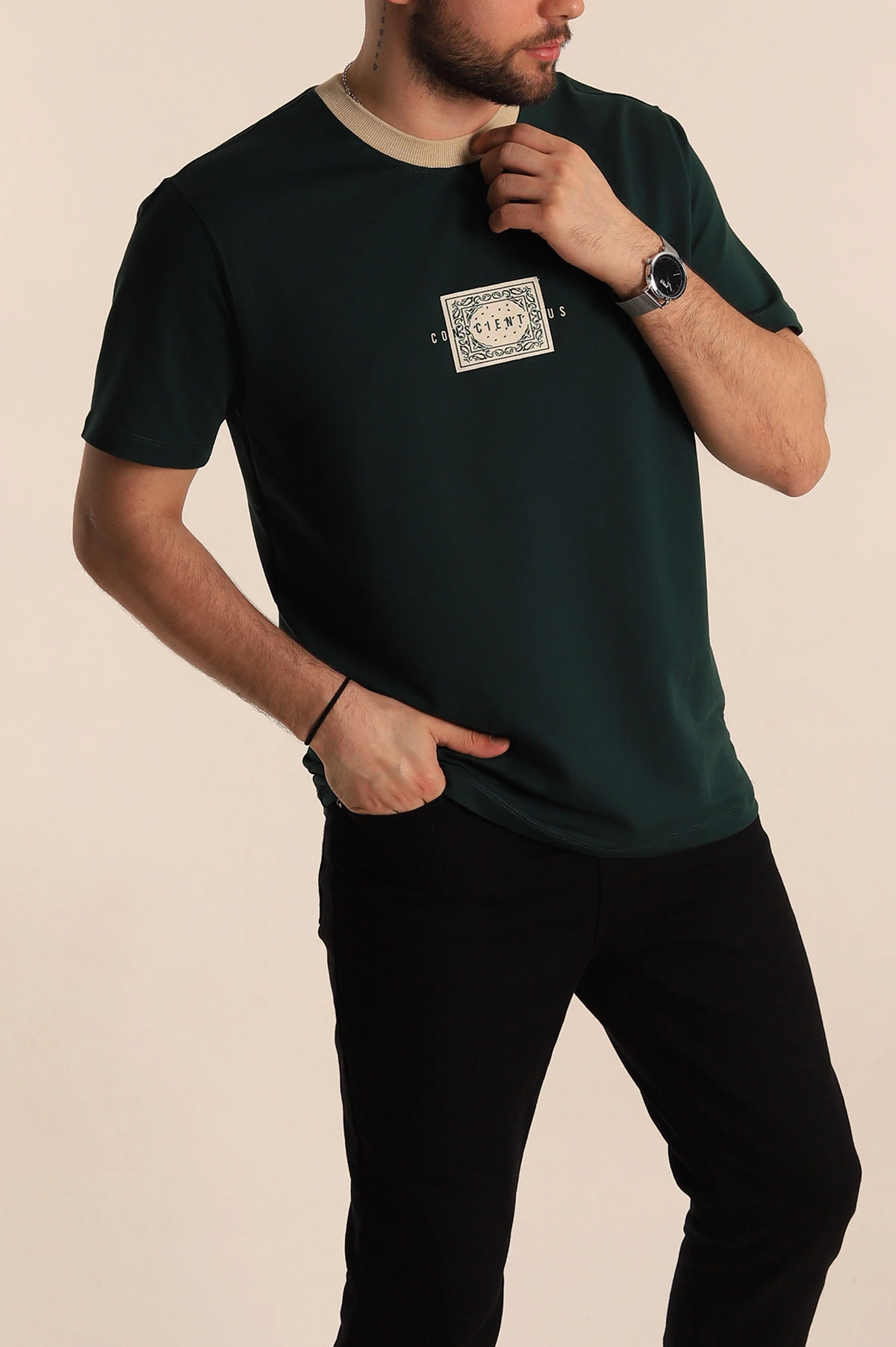 Zümrüt Yeşili Regular Fit Göğüs Baskılı Erkek Tişört 270633