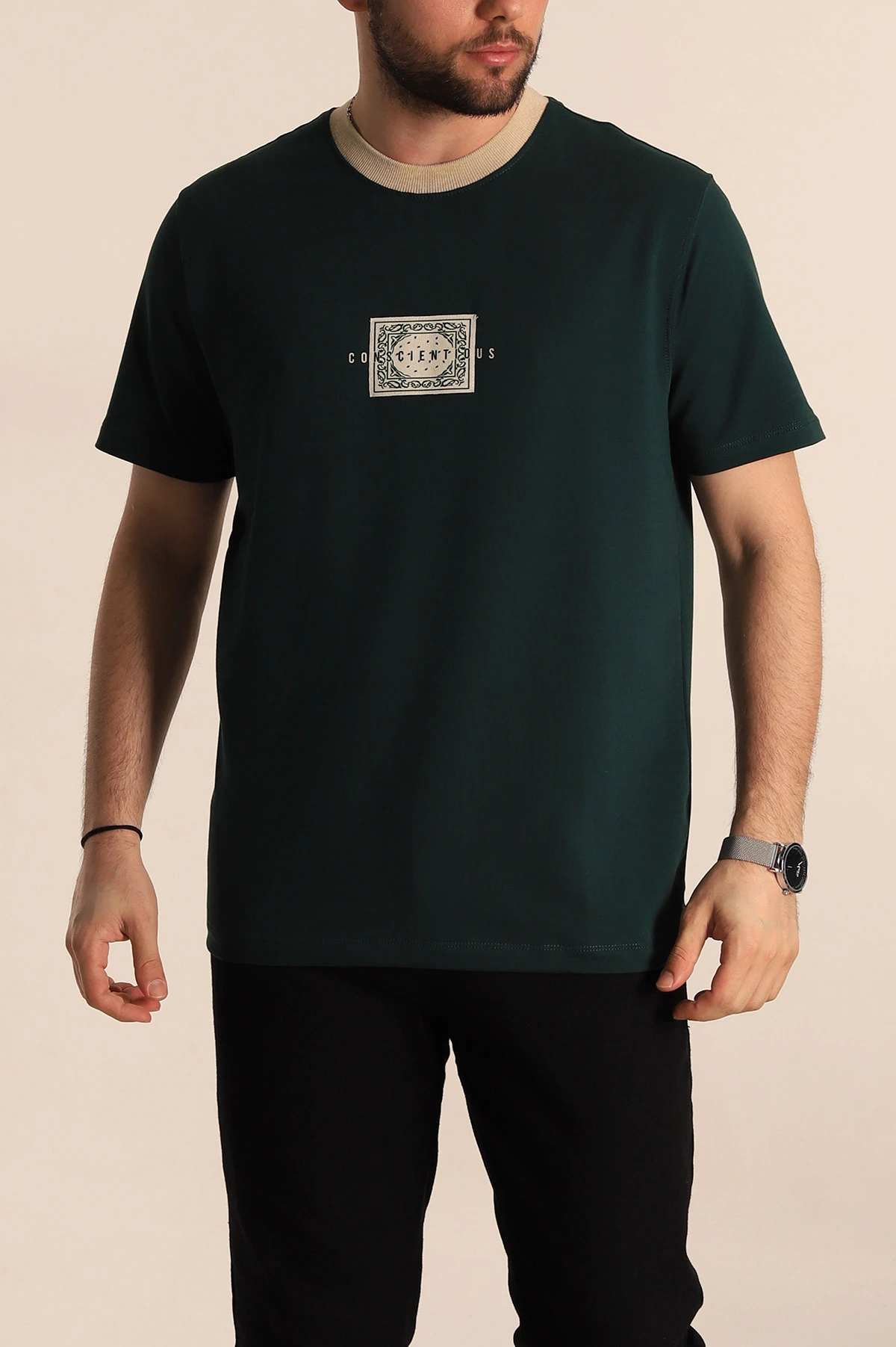 Zümrüt Yeşili Regular Fit Göğüs Baskılı Erkek Tişört 270633