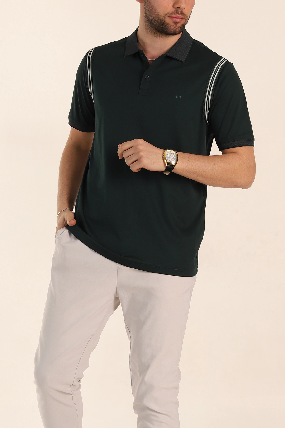Zümrüt Yeşili Regular Fit Omuz Şerit Detaylı Polo Yaka Erkek Tişört 338459