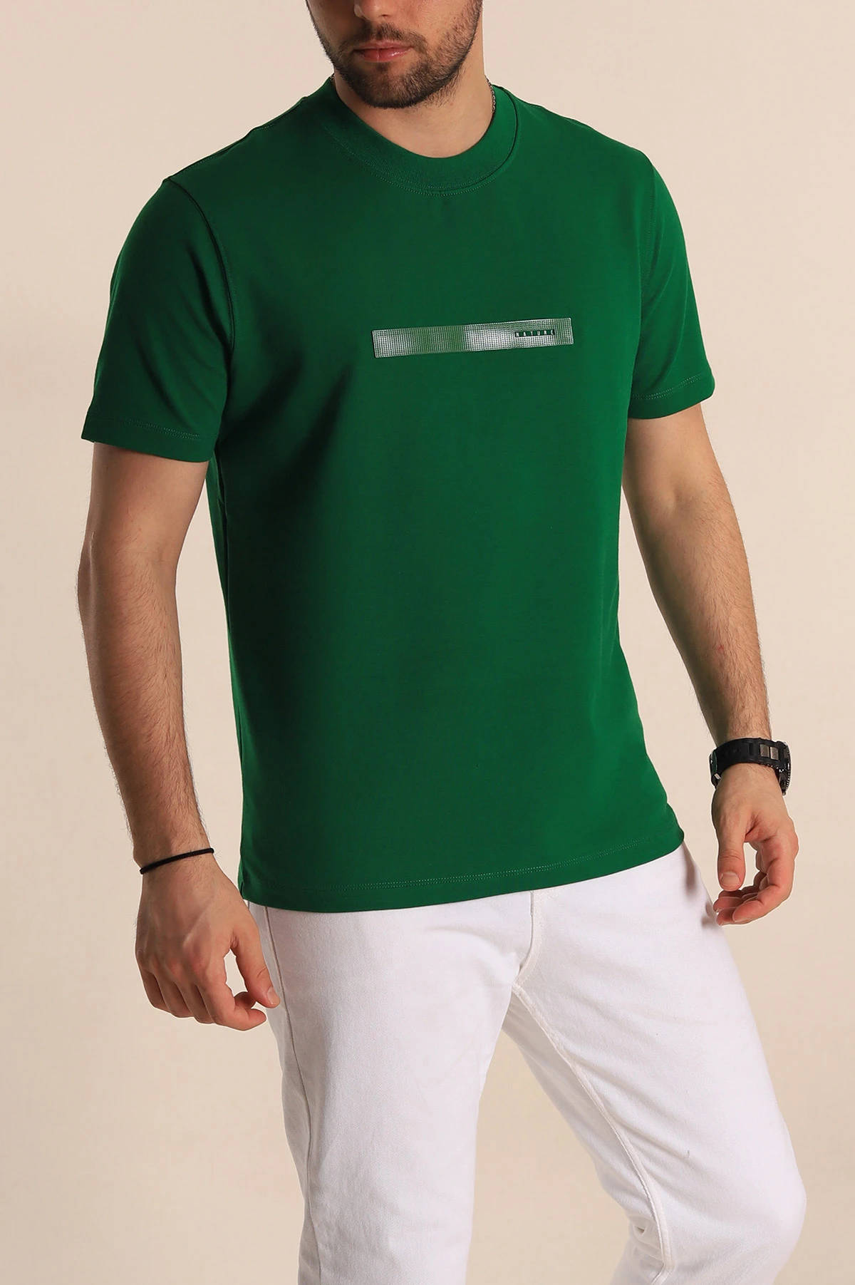 Zümrüt Yeşili Regular Fit Plastik Baskı Detaylı Erkek Tişört 268109