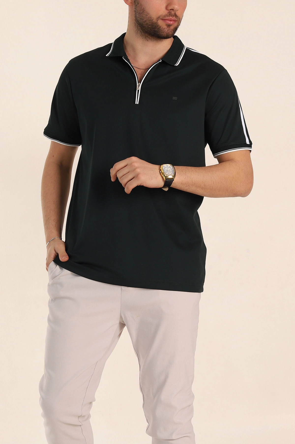 Zümrüt Yeşili Regular Fit Şerit Detaylı Polo Yaka Erkek Tişört 338445