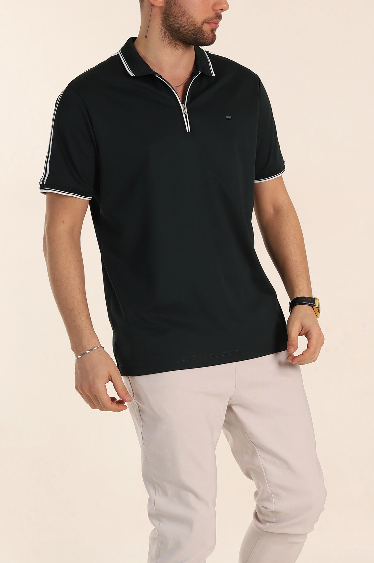 Zümrüt Yeşili Regular Fit Şerit Detaylı Polo Yaka Erkek Tişört 338445