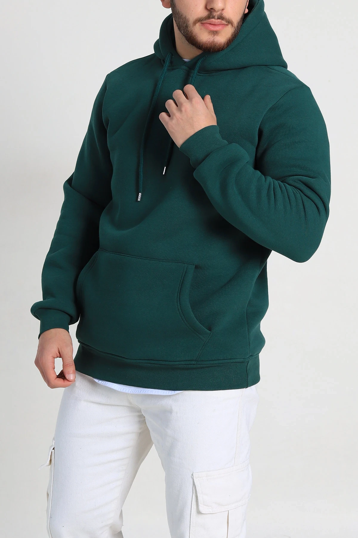 Zümrüt Yeşili Owersize Üç İp Şardonlu Erkek Kapüşonlu Basic Sweatshirt 400526