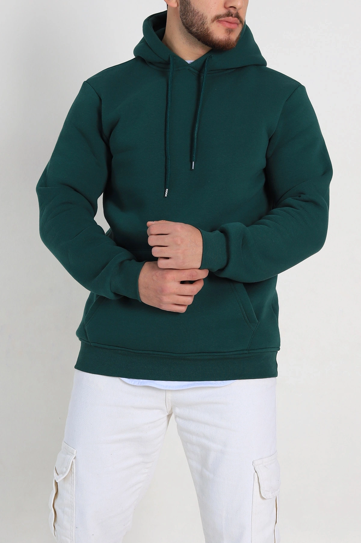 Zümrüt Yeşili Owersize Üç İp Şardonlu Erkek Kapüşonlu Basic Sweatshirt 400526