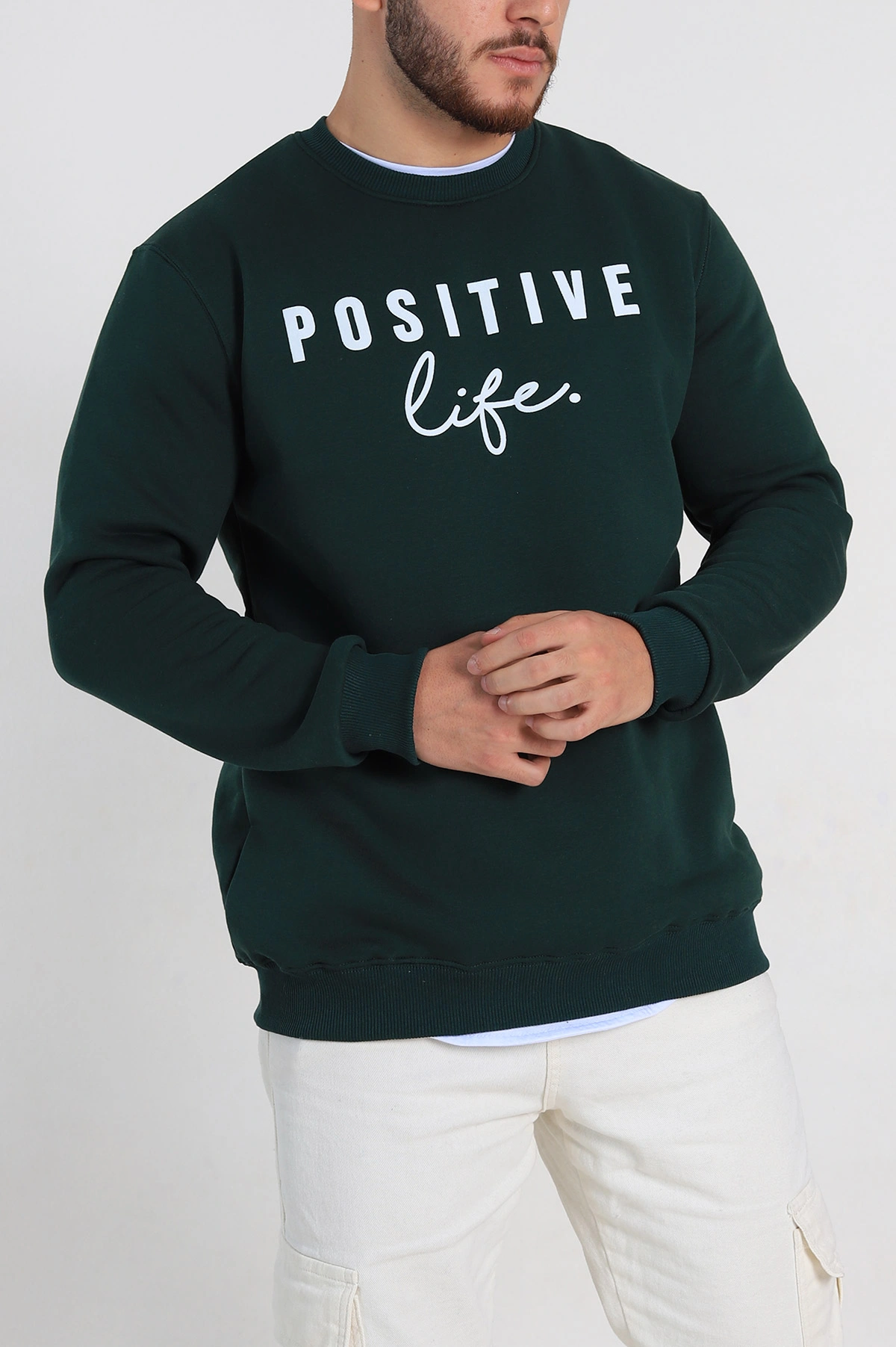 Zümrüt Yeşili Regular Fit Üç İp Şardonlu Yazı Detay Erkek Sweatshirt 308898