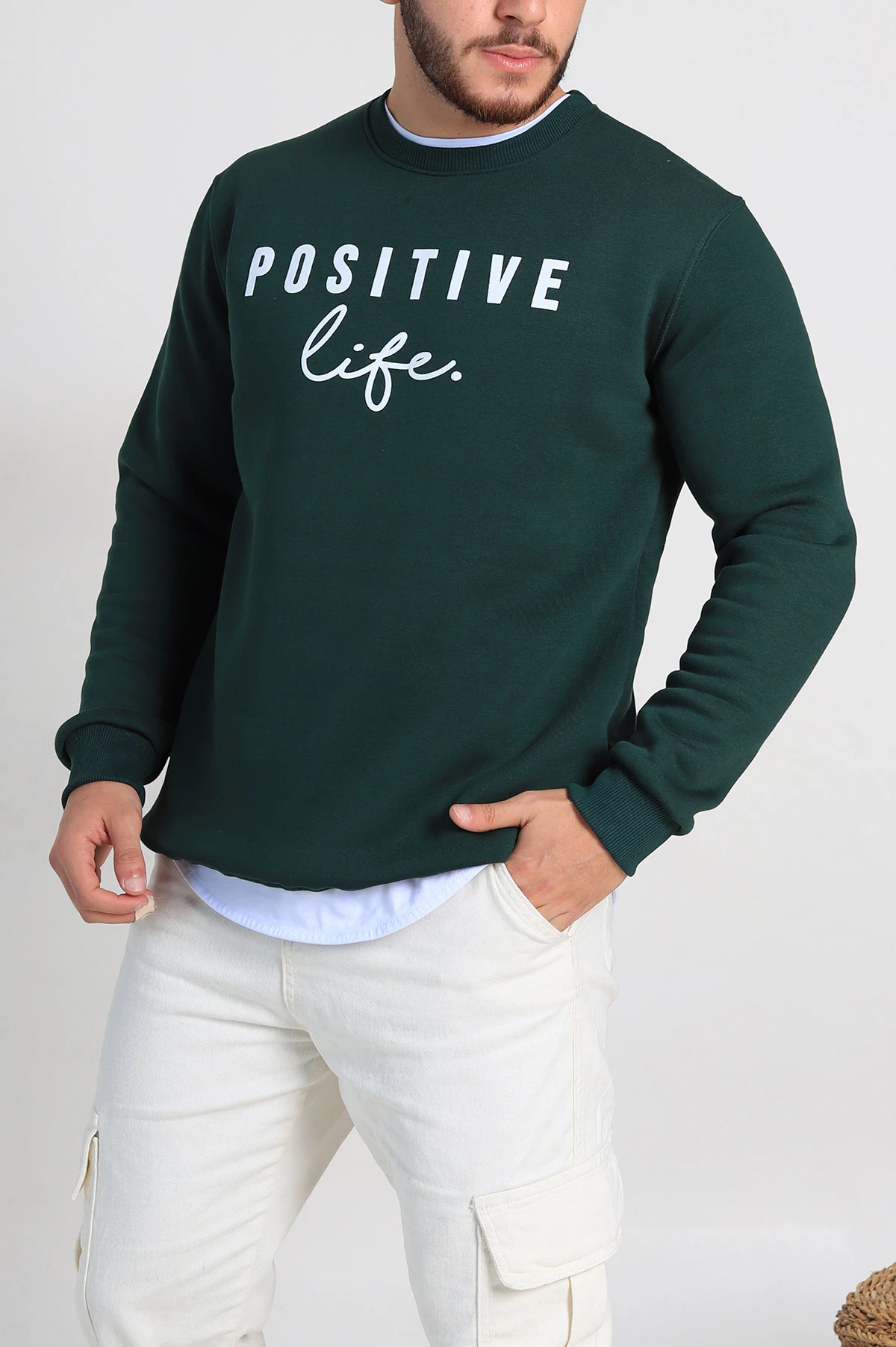 Zümrüt Yeşili Regular Fit Üç İp Şardonlu Yazı Detay Erkek Sweatshirt 308898