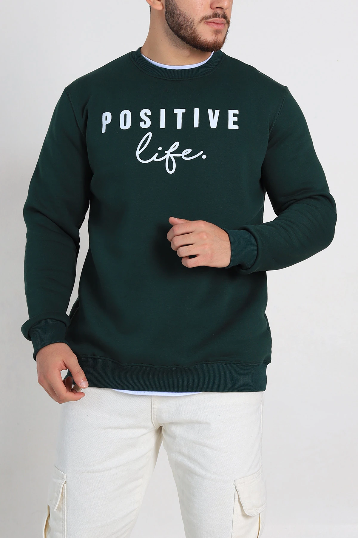 Zümrüt Yeşili Regular Fit Üç İp Şardonlu Yazı Detay Erkek Sweatshirt 308898