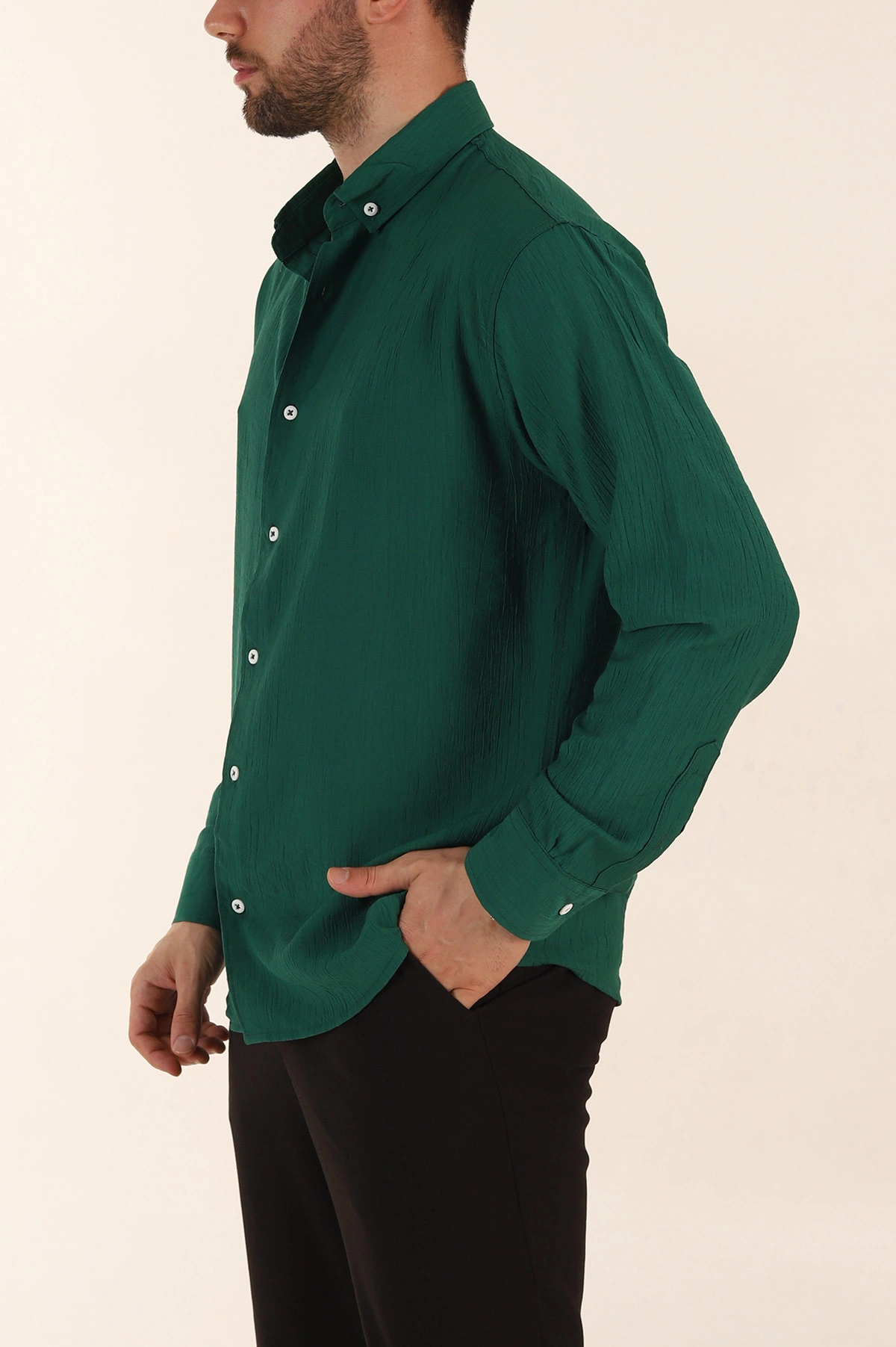 Zümrüt Yeşili Relaxed Fit Ata Yaka Uzun Kollu Erkek Gömlek 369595