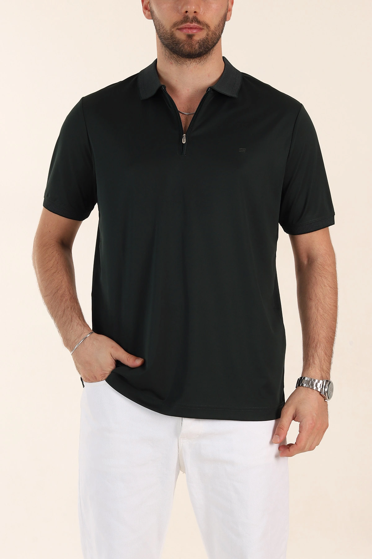 Zümrüt Yeşili Relaxed Fit Basic Fermuarlı Polo Yaka Erkek Tişört 359129