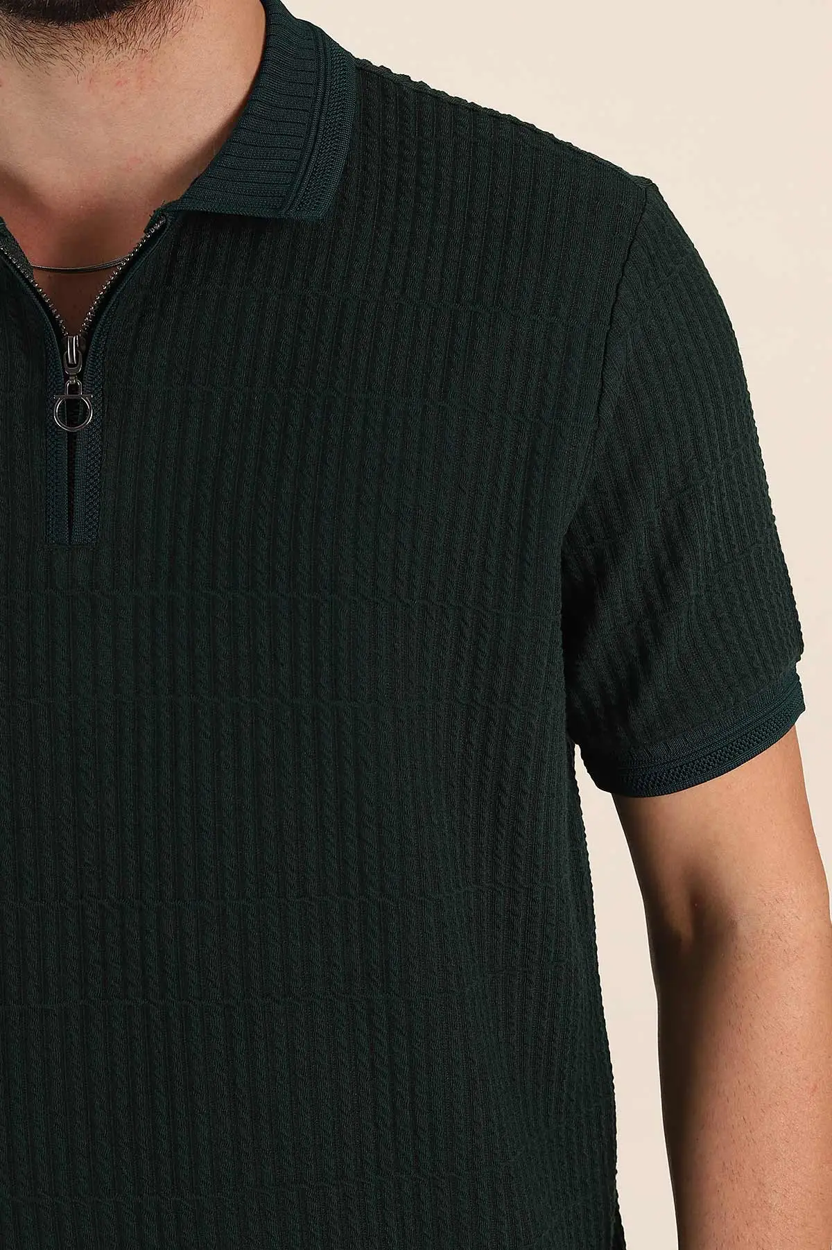 Zümrüt Yeşili Relaxed Fit Çizgi Detaylı Fermuarlı Polo Yaka Erkek Tişört 370326