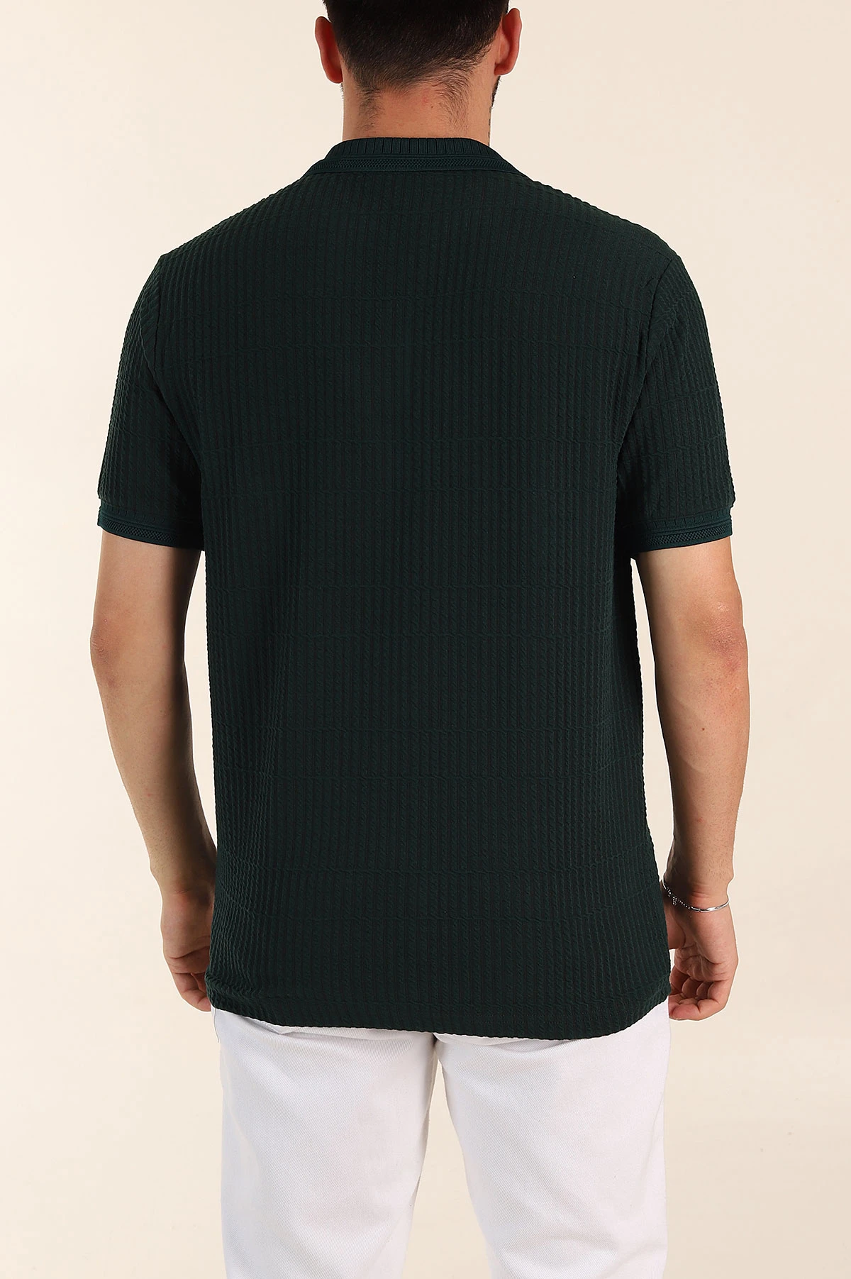 Zümrüt Yeşili Relaxed Fit Çizgi Detaylı Fermuarlı Polo Yaka Erkek Tişört 370326