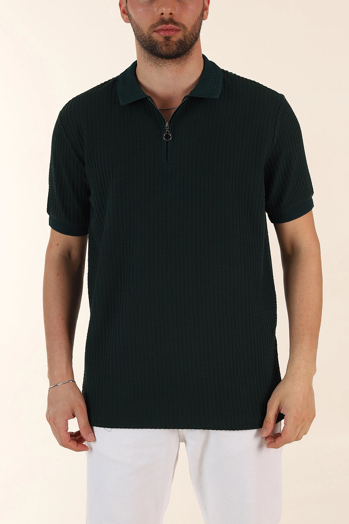 Zümrüt Yeşili Relaxed Fit Çizgi Detaylı Fermuarlı Polo Yaka Erkek Tişört 370326