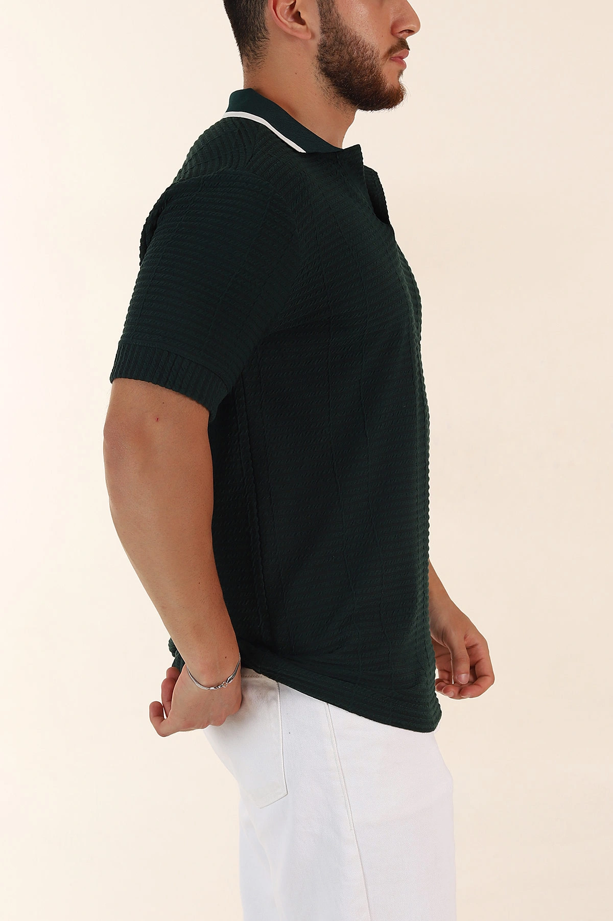 Zümrüt Yeşili Relaxed Fit Çizgi Detaylı Polo Yaka Erkek Tişört 370318
