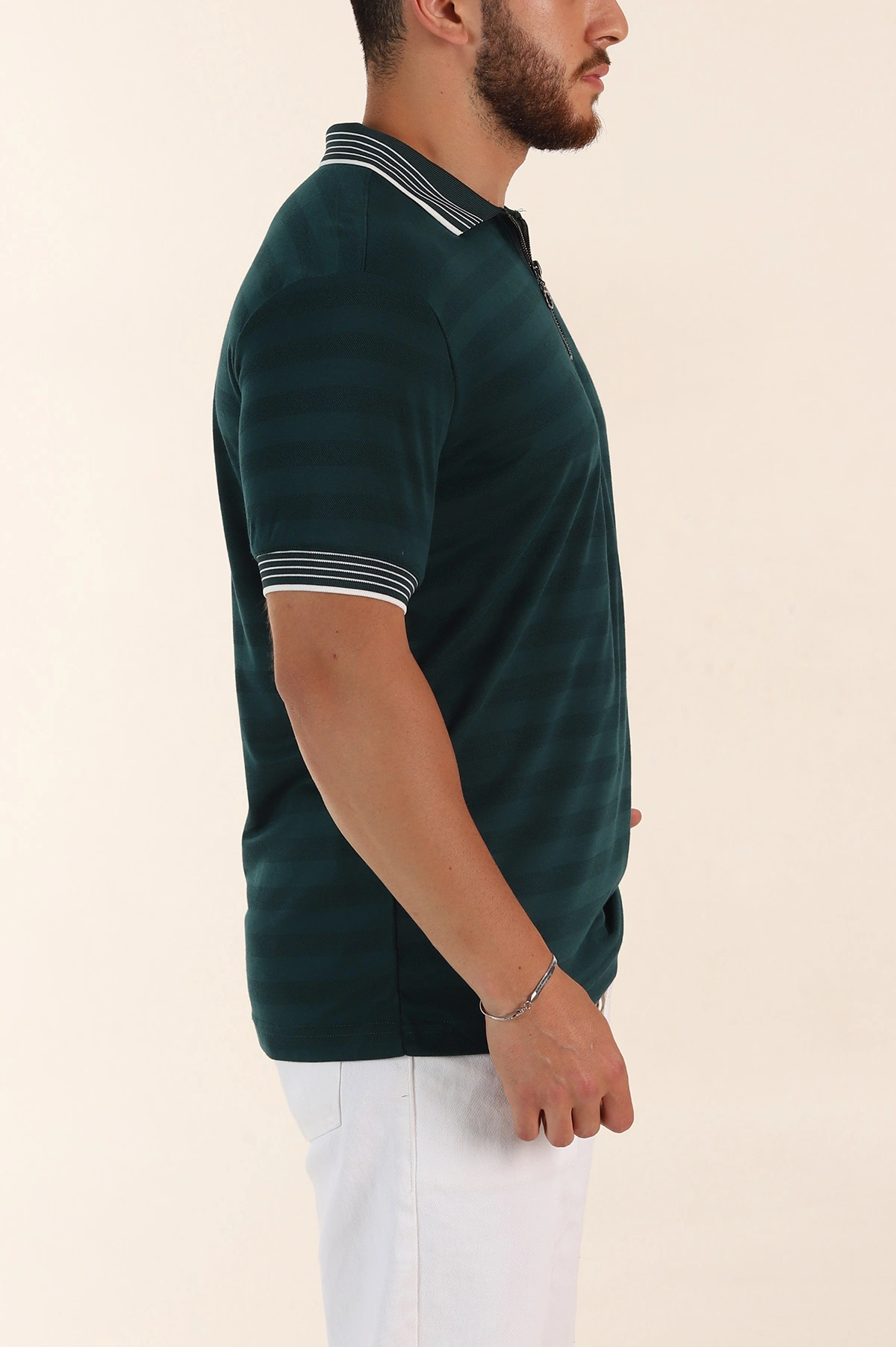 Zümrüt Yeşili Relaxed Fit Çizgi Dokulu Fermuarlı Polo Yaka Basic Erkek Tİşört 370230