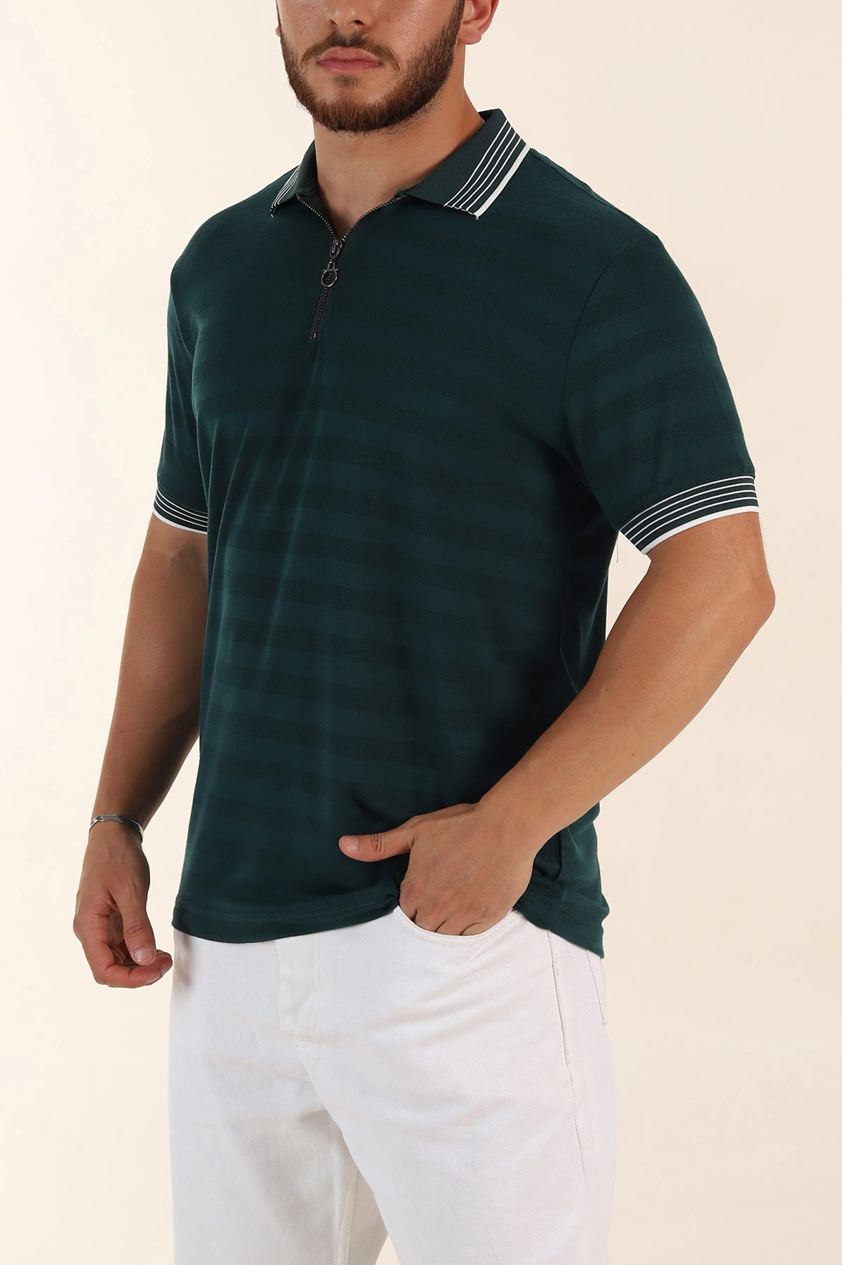 Zümrüt Yeşili Relaxed Fit Çizgi Dokulu Fermuarlı Polo Yaka Basic Erkek Tİşört 370230