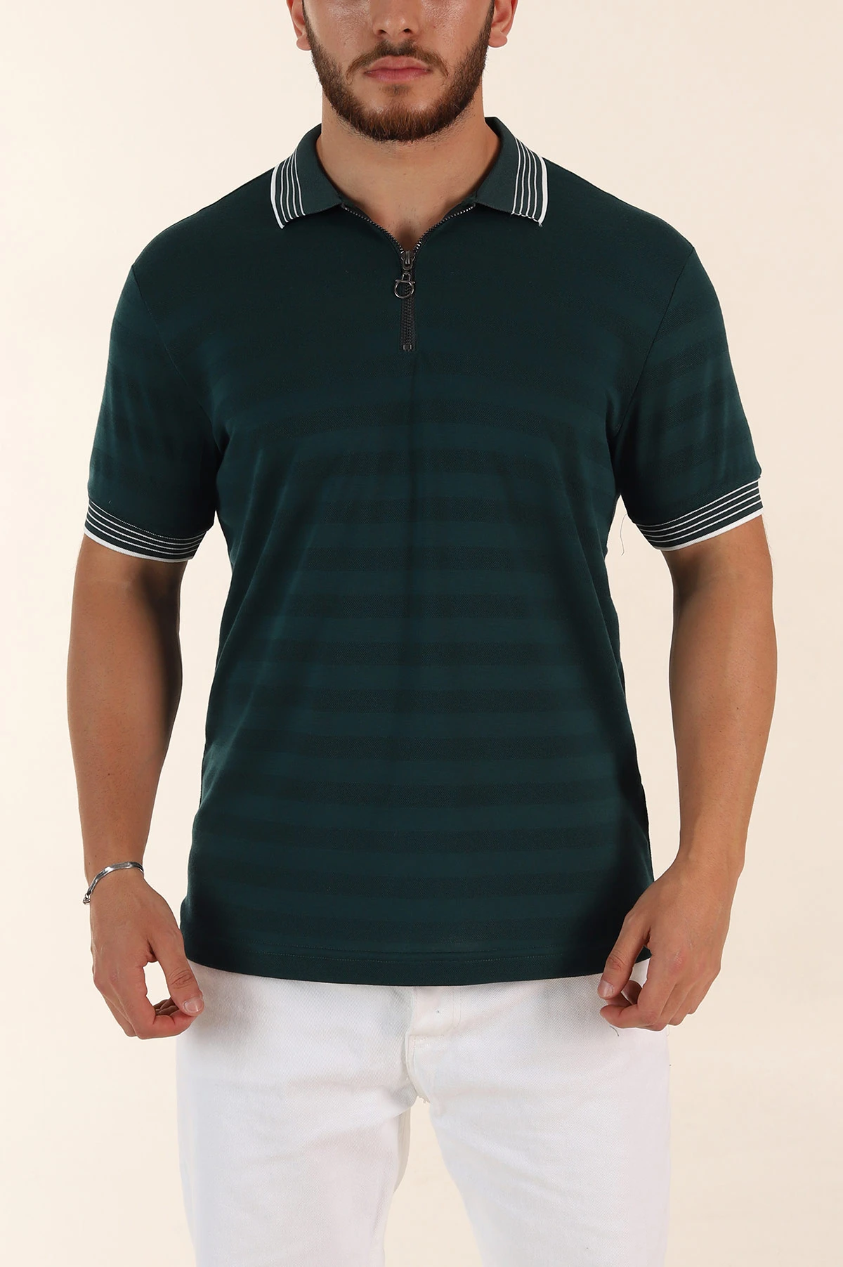Zümrüt Yeşili Relaxed Fit Çizgi Dokulu Fermuarlı Polo Yaka Basic Erkek Tİşört 370230