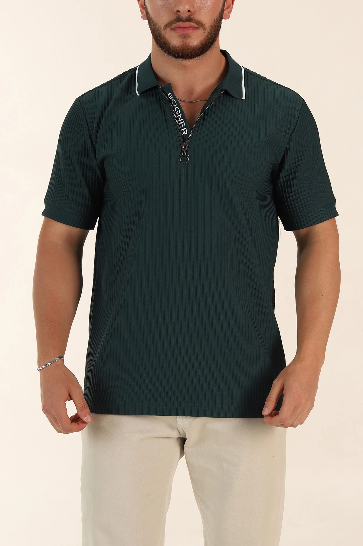 Zümrüt Yeşili Relaxed Fit Çizgili Fermuarlı Polo Yaka Erkek Tişört 370336