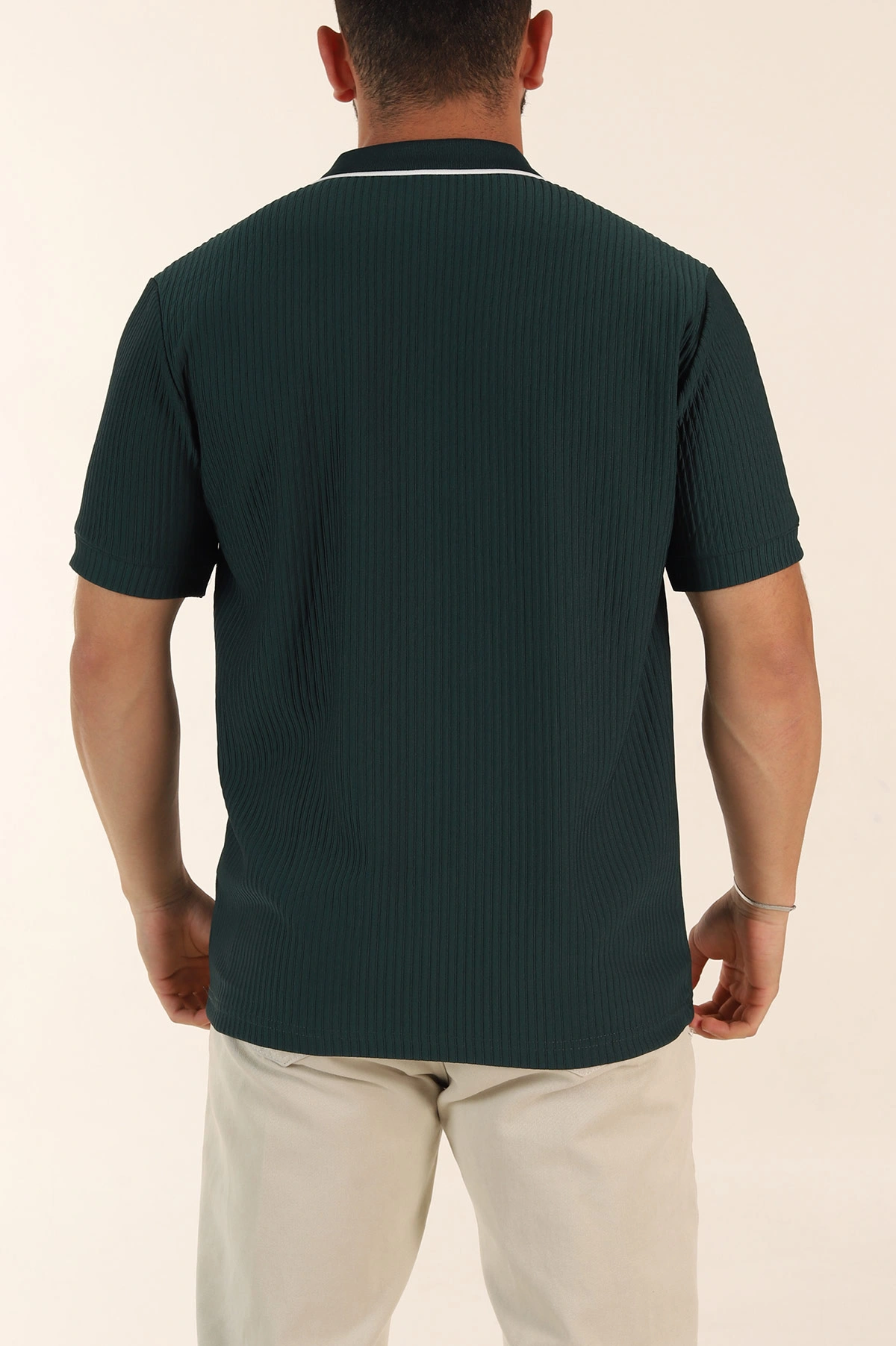 Zümrüt Yeşili Relaxed Fit Çizgili Fermuarlı Polo Yaka Erkek Tişört 370336