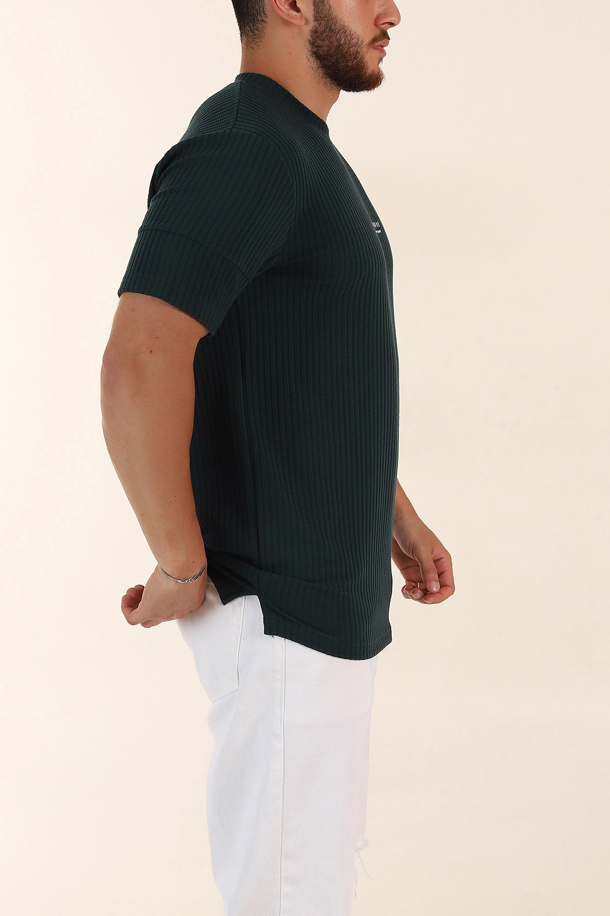Zümrüt Yeşili Relaxed Fit Dokulu Yazı Detaylı Erkek Tişört 370307