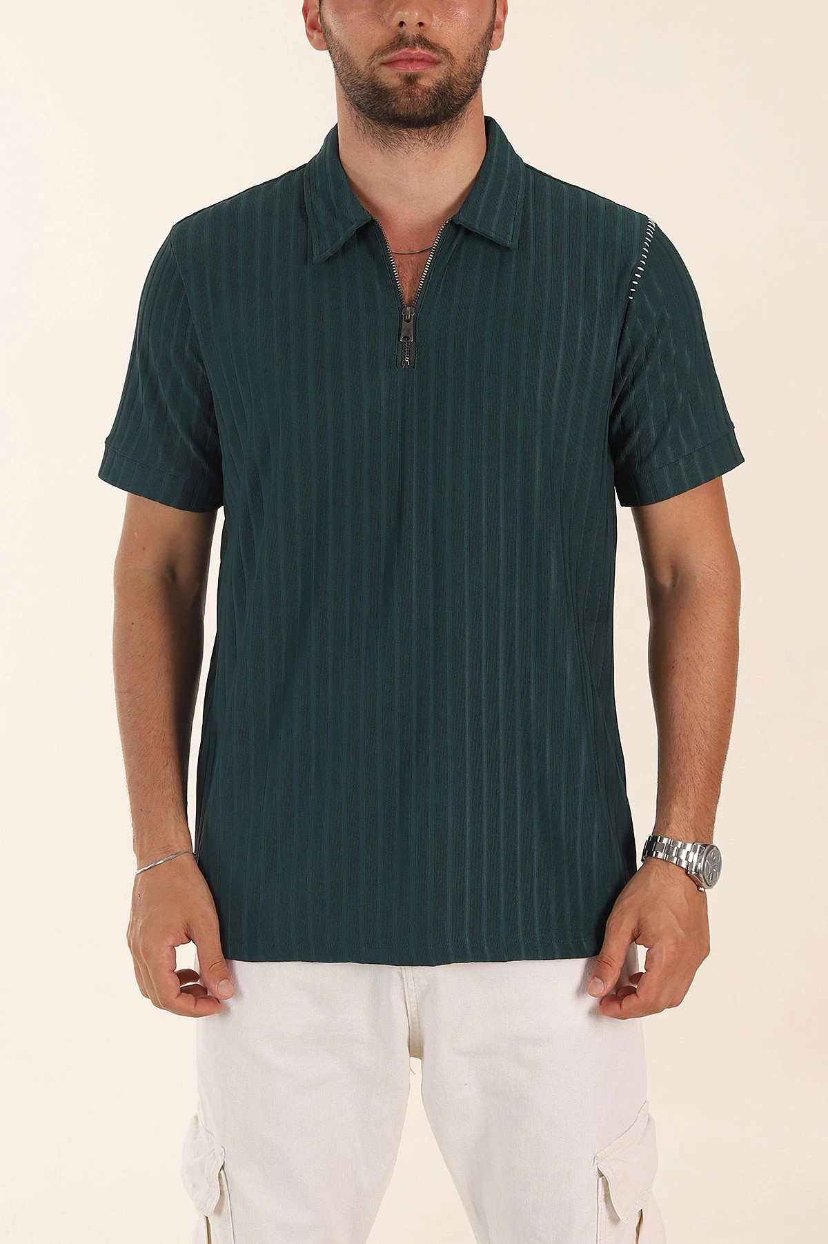 Zümrüt Yeşili Relaxed Fit Fitilli Doku Fermuarlı Polo Yaka Erkek Tişört 373050