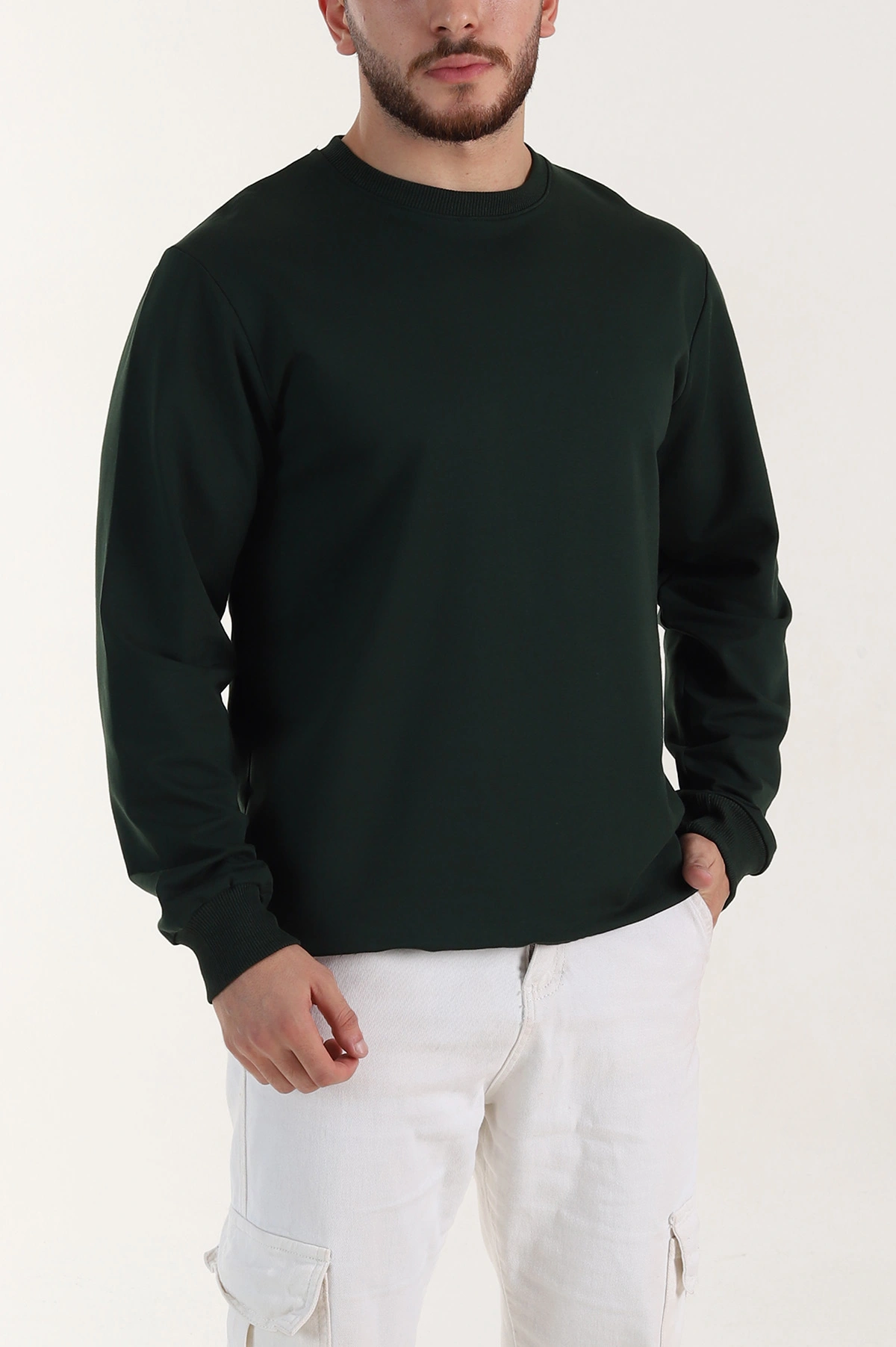 Zümrüt Yeşili Relaxed Fit İki İp Şardonsuz Basic Erkek Sweatshirt 398122