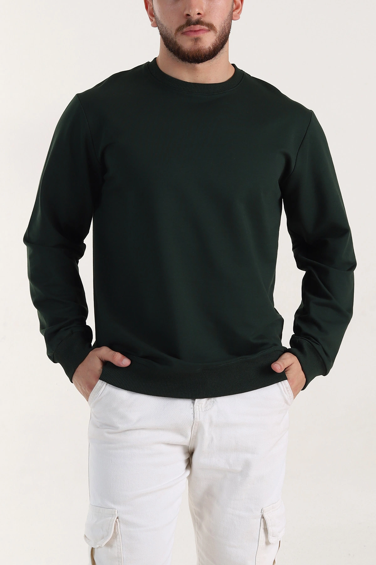 Zümrüt Yeşili Relaxed Fit İki İp Şardonsuz Basic Erkek Sweatshirt 398122