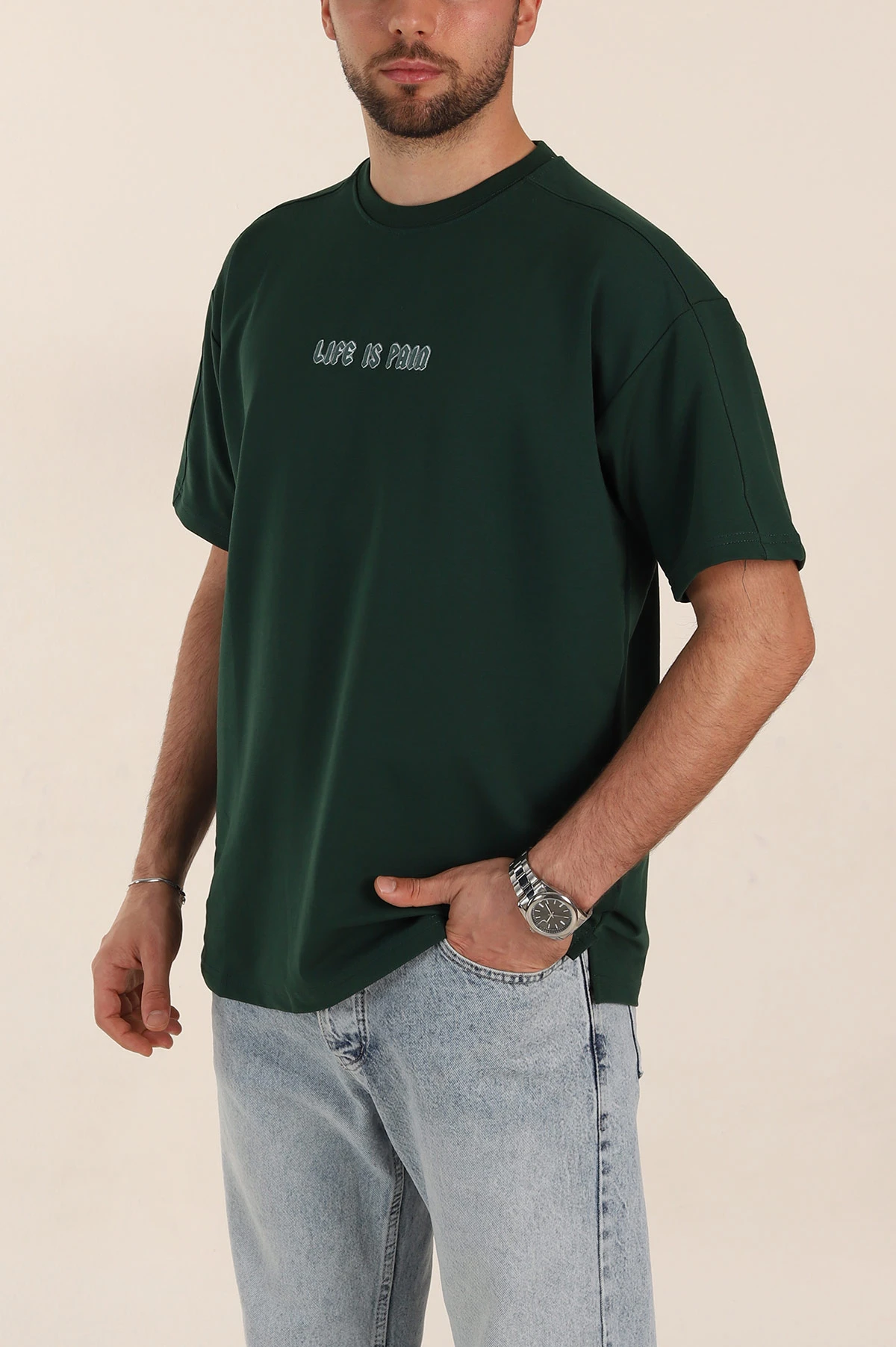 Zümrüt Yeşili Relaxed Fit İnterlok Kumaş Yazı Detaylı Erkek Tişört 359311