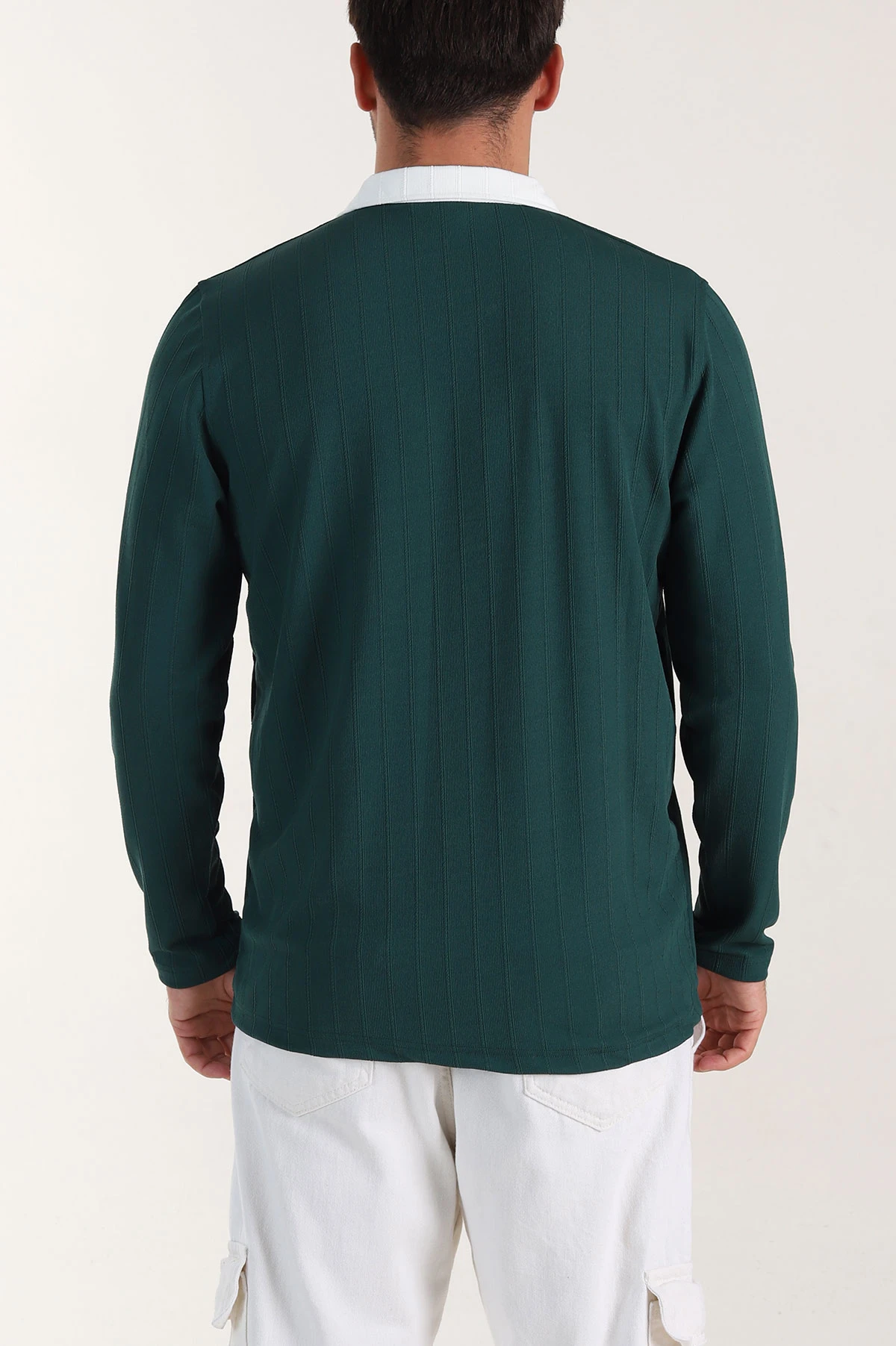 Zümrüt Yeşili Relaxed Fit Jakarlı Kumaş Yazı Detay Polo Yaka Erkek Sweatshirt 399377