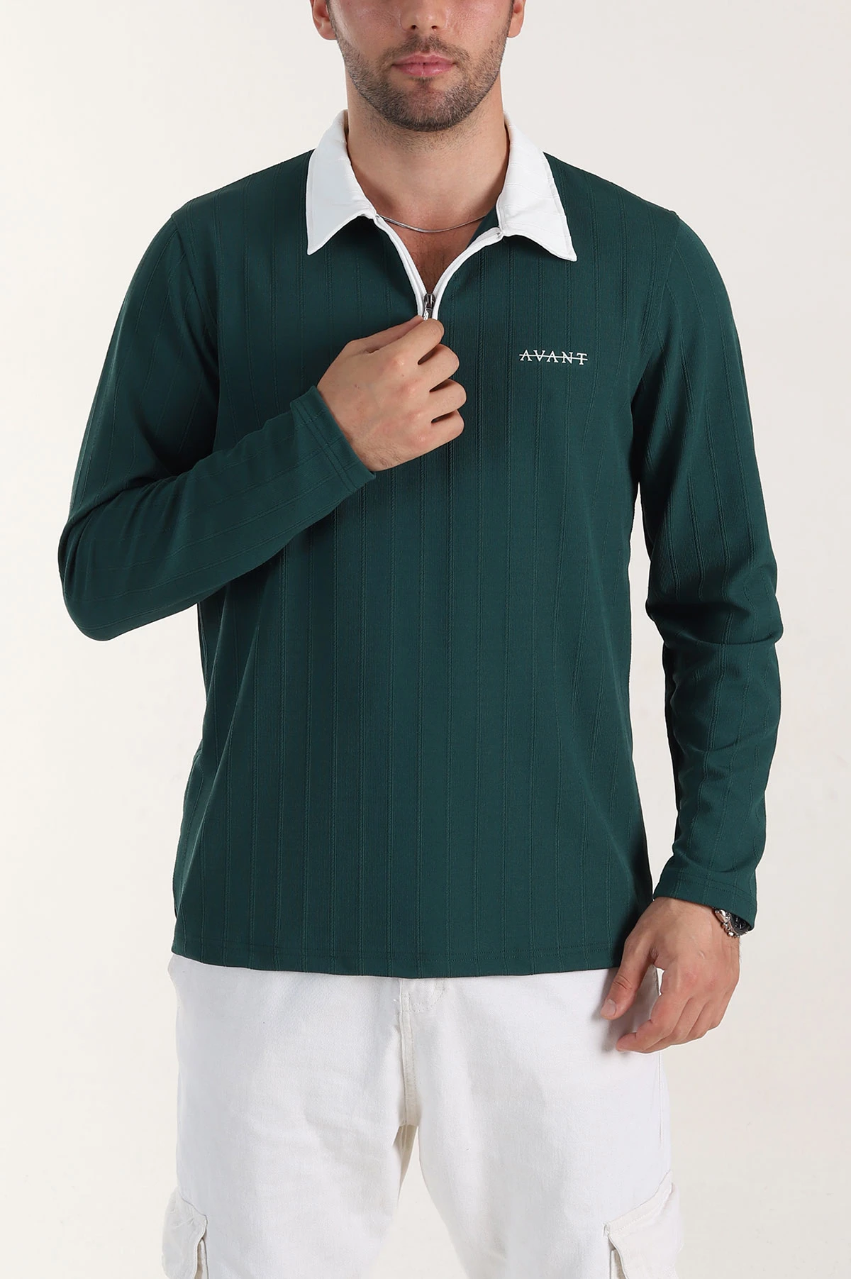 Zümrüt Yeşili Relaxed Fit Jakarlı Kumaş Yazı Detay Polo Yaka Erkek Sweatshirt 399377