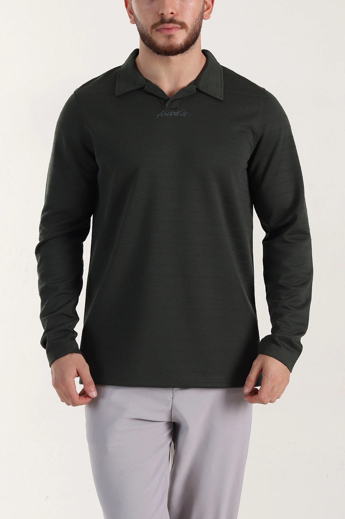 Zümrüt Yeşili Relaxed Fit Jakarlı Kumaş Yazı Detaylı Polo Yaka Erkek Sweatshirt 399446