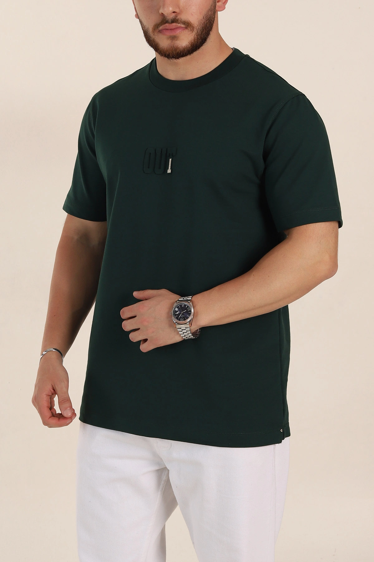 Zümrüt Yeşili Relaxed Fit Kabartma Yazı Detaylı Erkek Tişört 358491