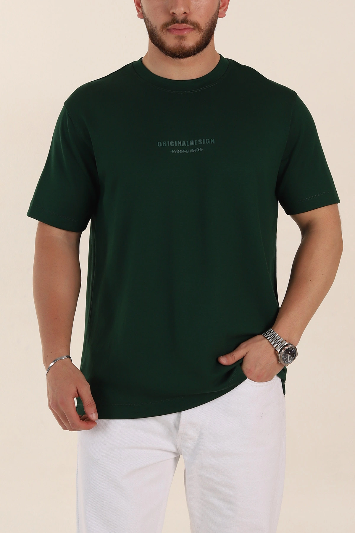 Zümrüt Yeşili Relaxed Fit Kabartma Yazı Detaylı Erkek Tişört 358648