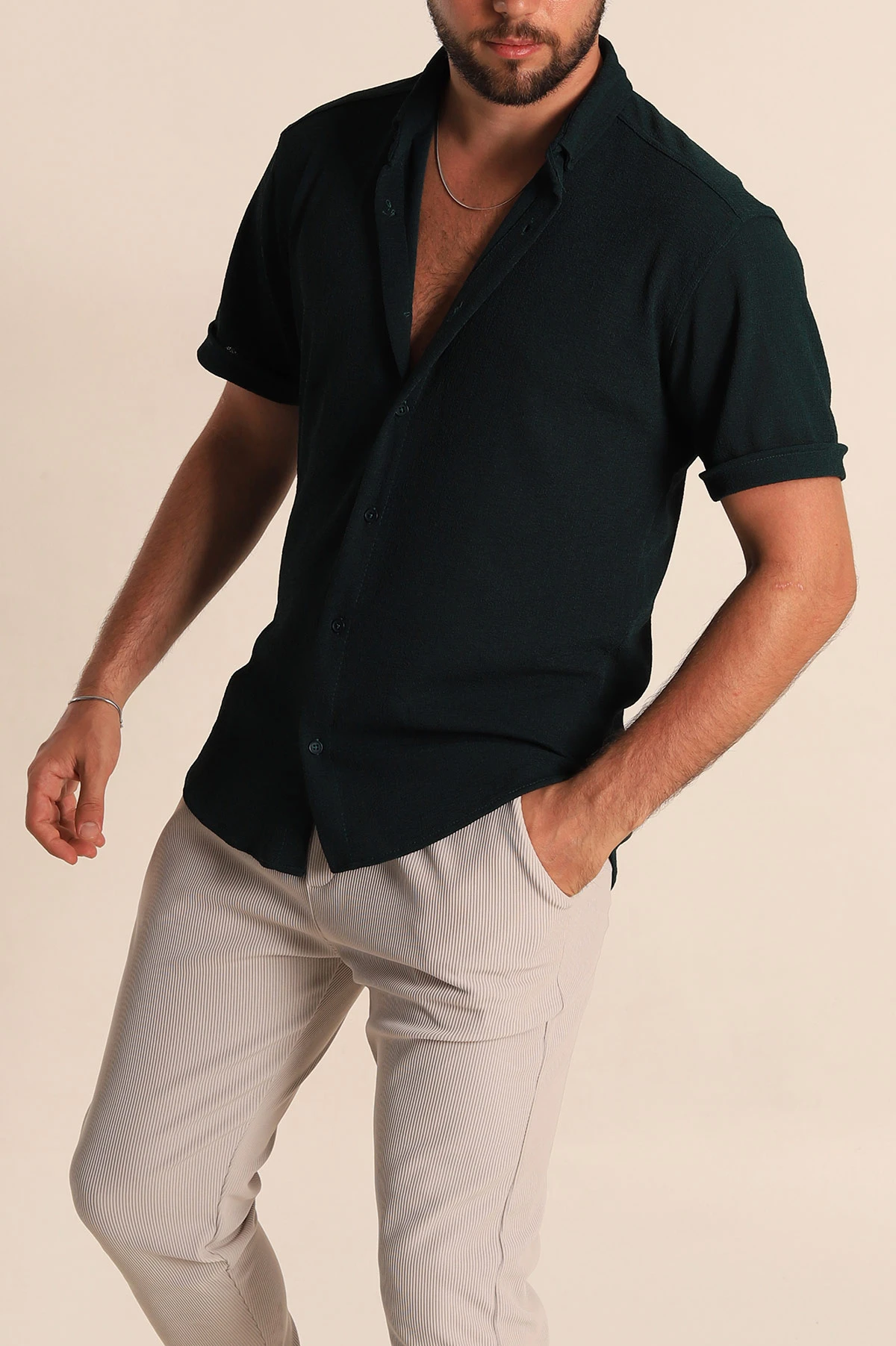 Zümrüt Yeşili Relaxed Fit Örme Duble Kısa Kollu Erkek Gömlek 278443
