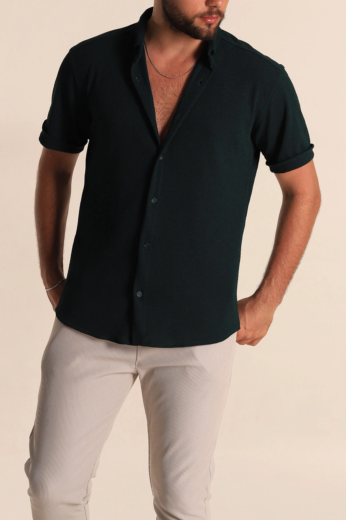 Zümrüt Yeşili Relaxed Fit Örme Duble Kısa Kollu Erkek Gömlek 278443