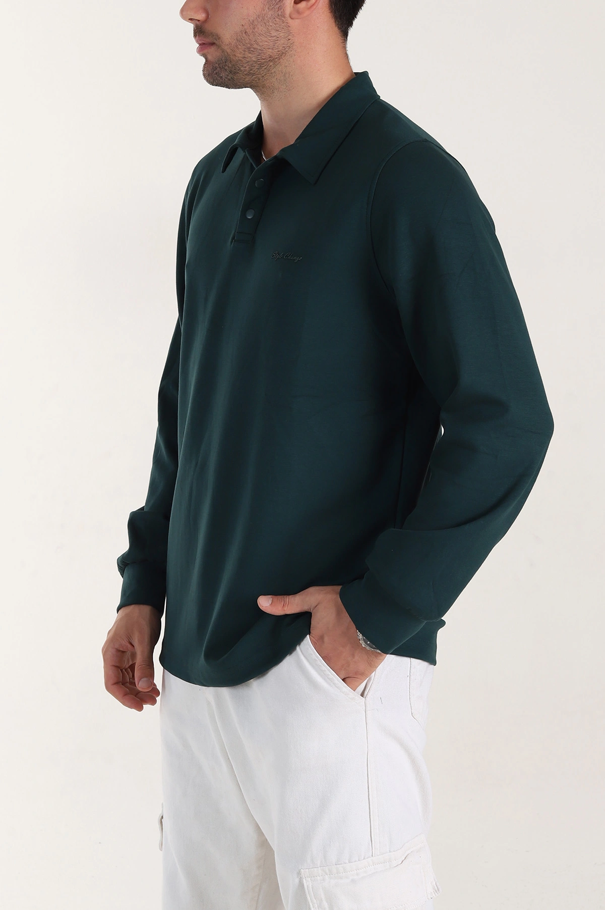 Zümrüt Yeşili Relaxed Fit Oysho Kumaş Düğmeli Polo Yaka Erkek Sweatshirt 399519