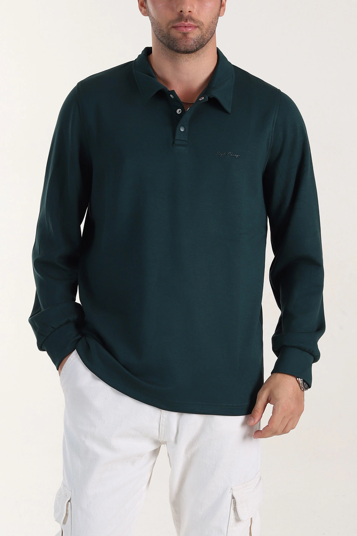 Zümrüt Yeşili Relaxed Fit Oysho Kumaş Düğmeli Polo Yaka Erkek Sweatshirt 399519