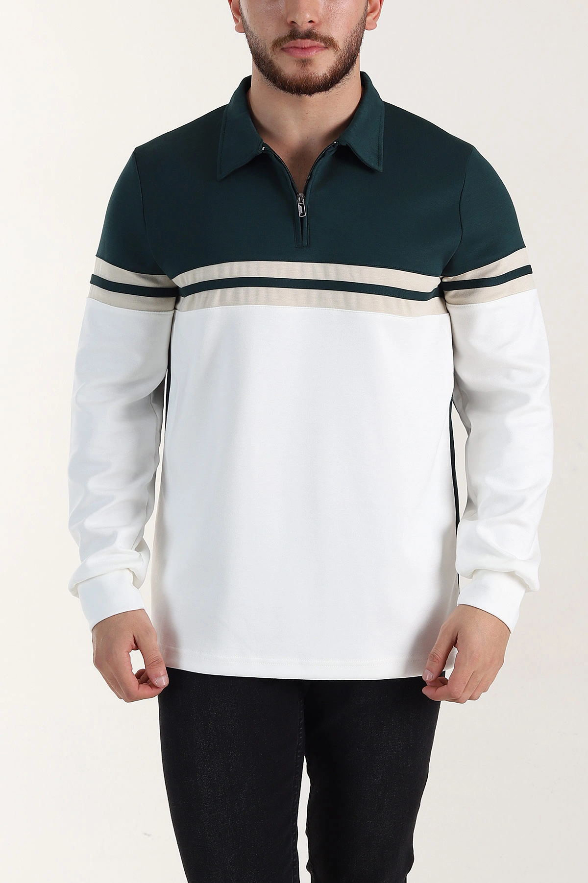 Zümrüt Yeşili Relaxed Fit Oysho Kumaş Fermuarlı Polo Yaka Sweatshirt 399547