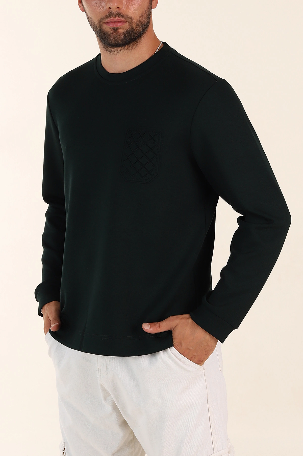 Zümrüt Yeşili Relaxed Fit Oysho Kumaş Kabartma Detaylı Erkek Sweatshirt 393279